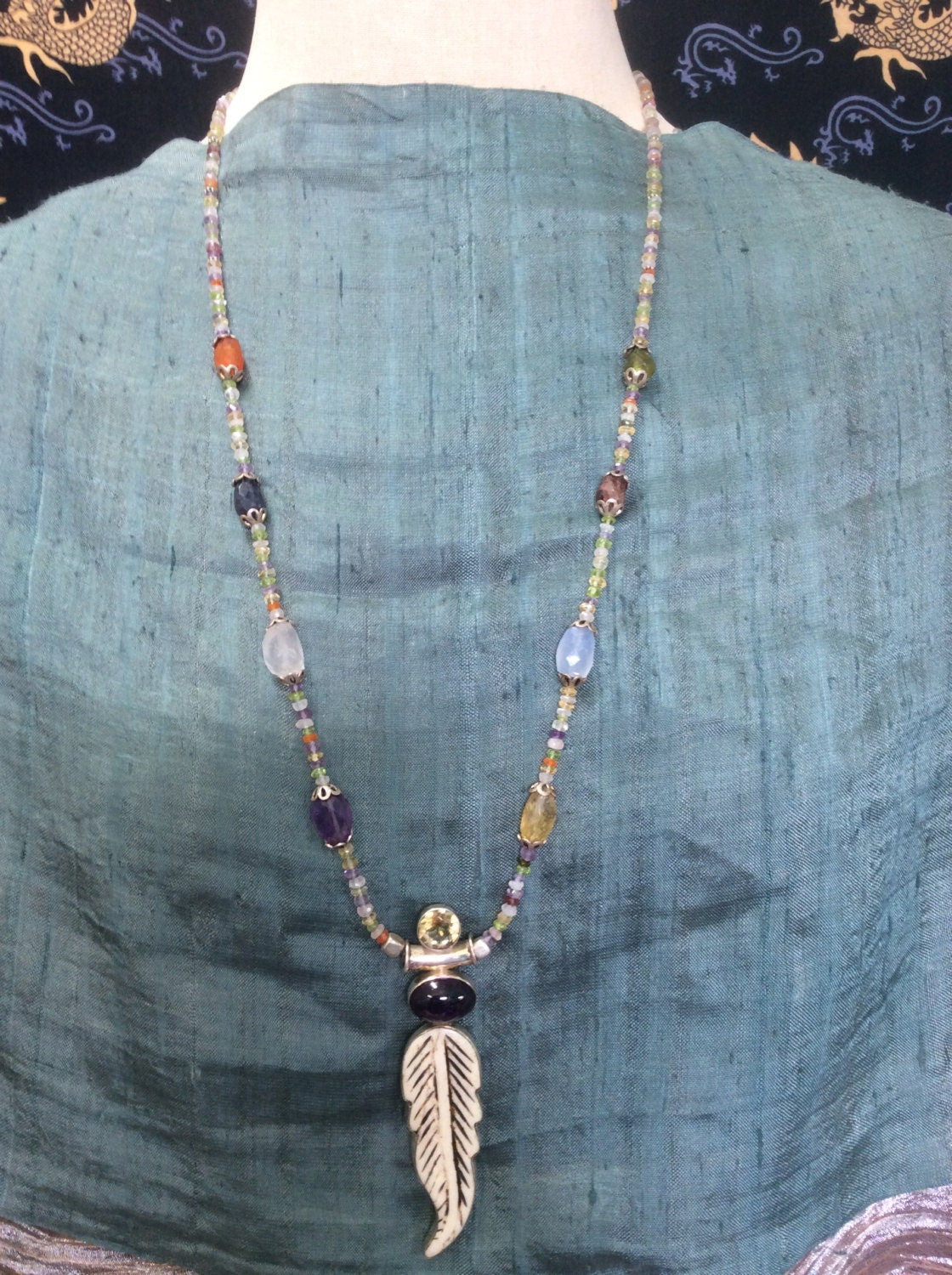 necklace "Fae Feather" carved bone Feather with Amethyst & Citrine pendant, Fairy jewelry, Semi-precious stones, Gift idea, Fae necklace
