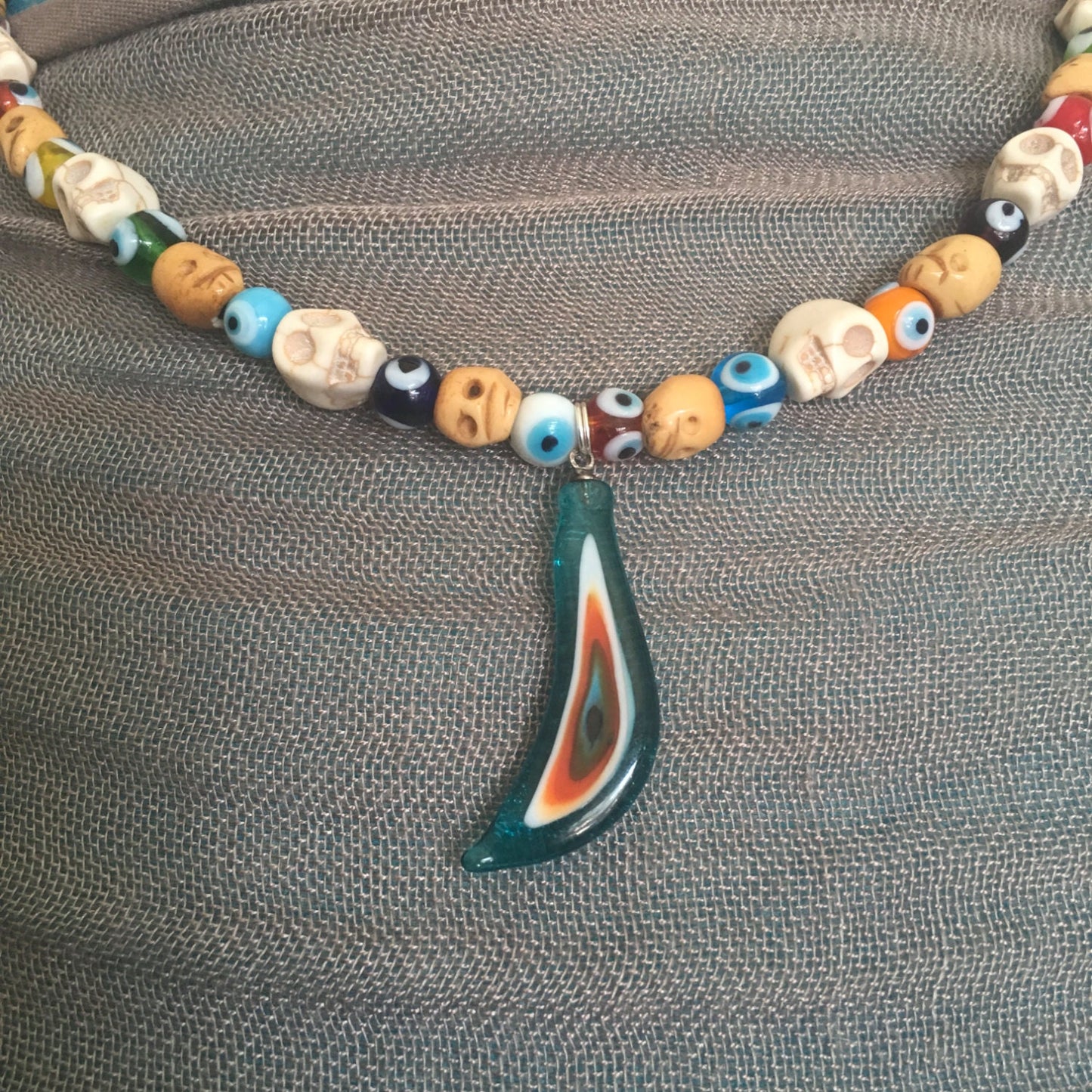 necklace "Seeing Through the Veil" Murano Glass Evil Eye pendant, Skulls, Evil Eye beads, Gift idea, Gender Neutral jewelry, Reiki, Samhain