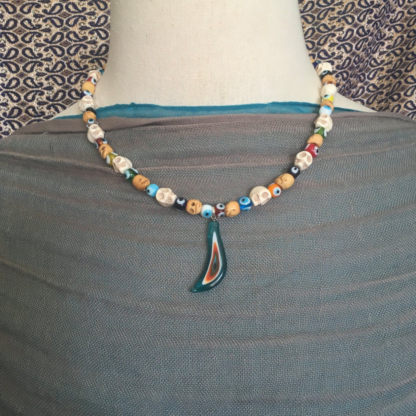 necklace "Seeing Through the Veil" Murano Glass Evil Eye pendant, Skulls, Evil Eye beads, Gift idea, Gender Neutral jewelry, Reiki, Samhain