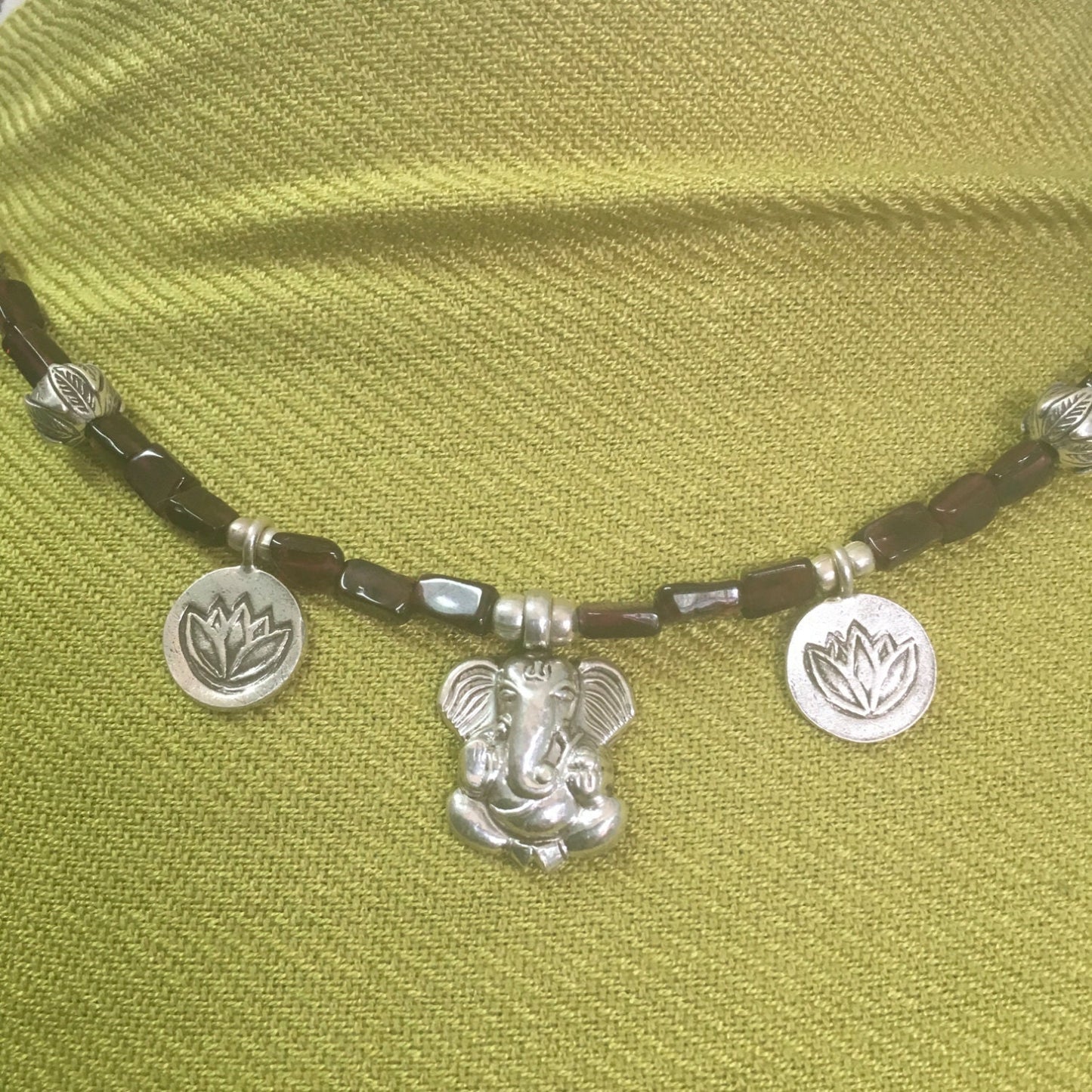 necklace "Remove My Obstacles" sterling GANESHA, Handmade Chiang Mai Lotus beads, Garnet, Hill Tribe Silver charms Lotus, Gift idea, Reiki