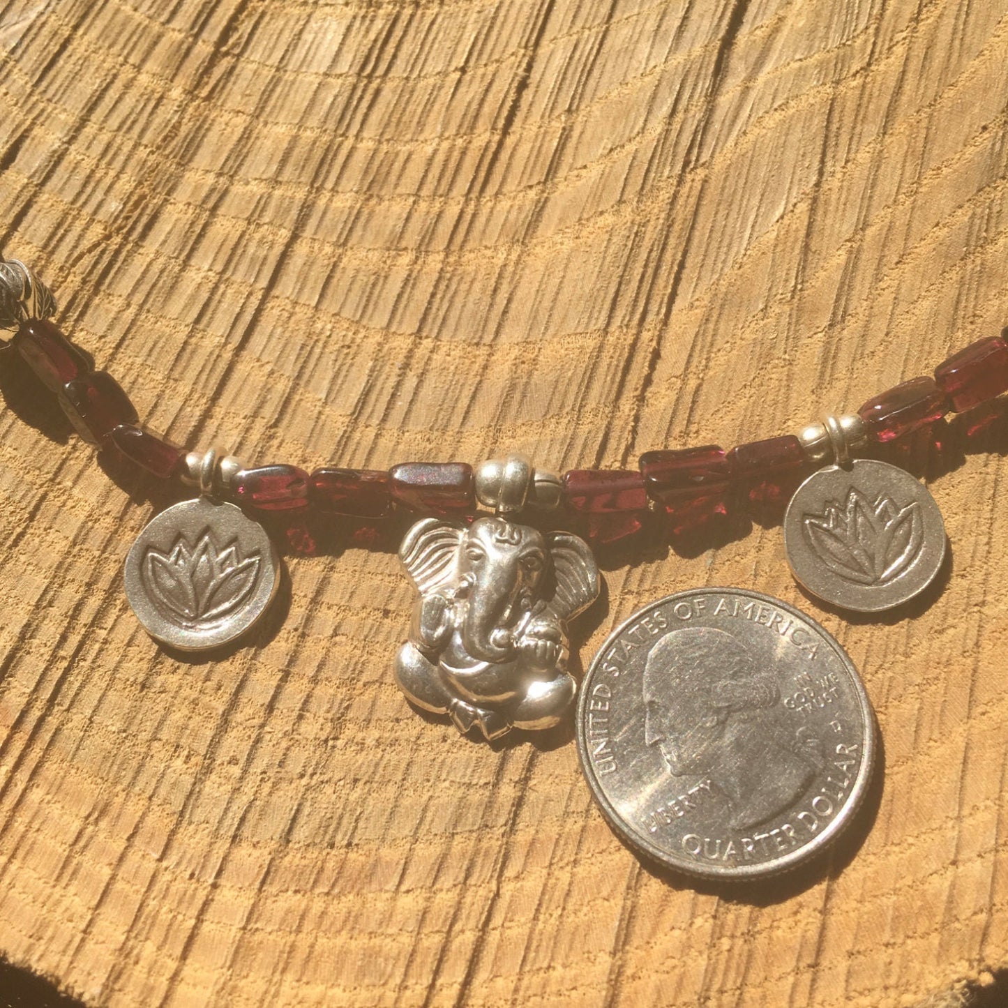 necklace "Remove My Obstacles" sterling GANESHA, Handmade Chiang Mai Lotus beads, Garnet, Hill Tribe Silver charms Lotus, Gift idea, Reiki