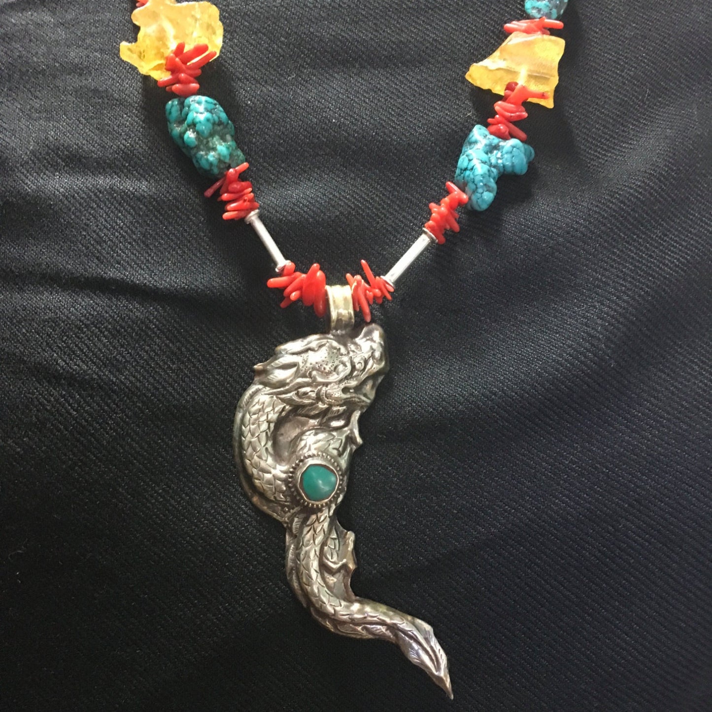 necklace "Primarily a Dragon" Dragon from Nepal, Turquoise, Amber, Statement piece, Gift idea, Coral, Reiki charged