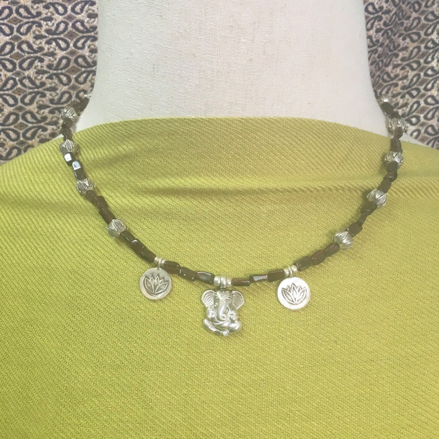 necklace "Remove My Obstacles" sterling GANESHA, Handmade Chiang Mai Lotus beads, Garnet, Hill Tribe Silver charms Lotus, Gift idea, Reiki