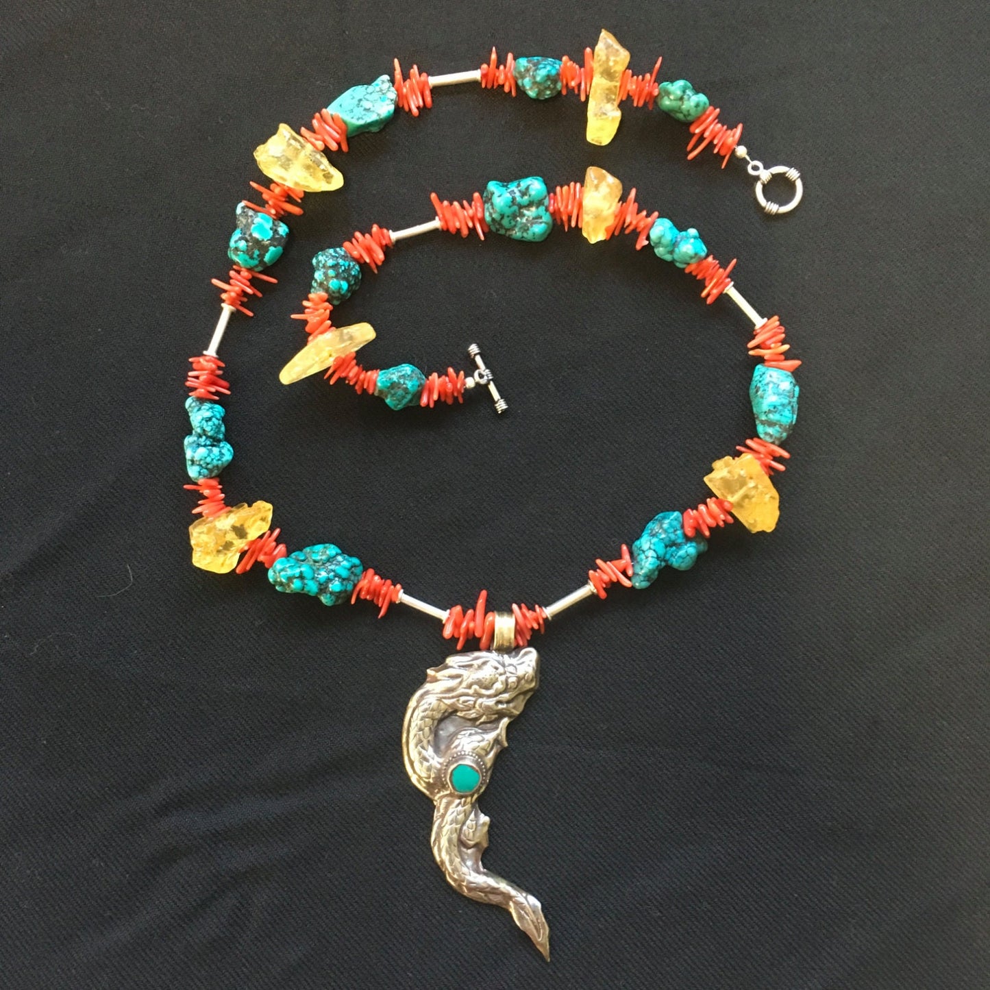 necklace "Primarily a Dragon" Dragon from Nepal, Turquoise, Amber, Statement piece, Gift idea, Coral, Reiki charged