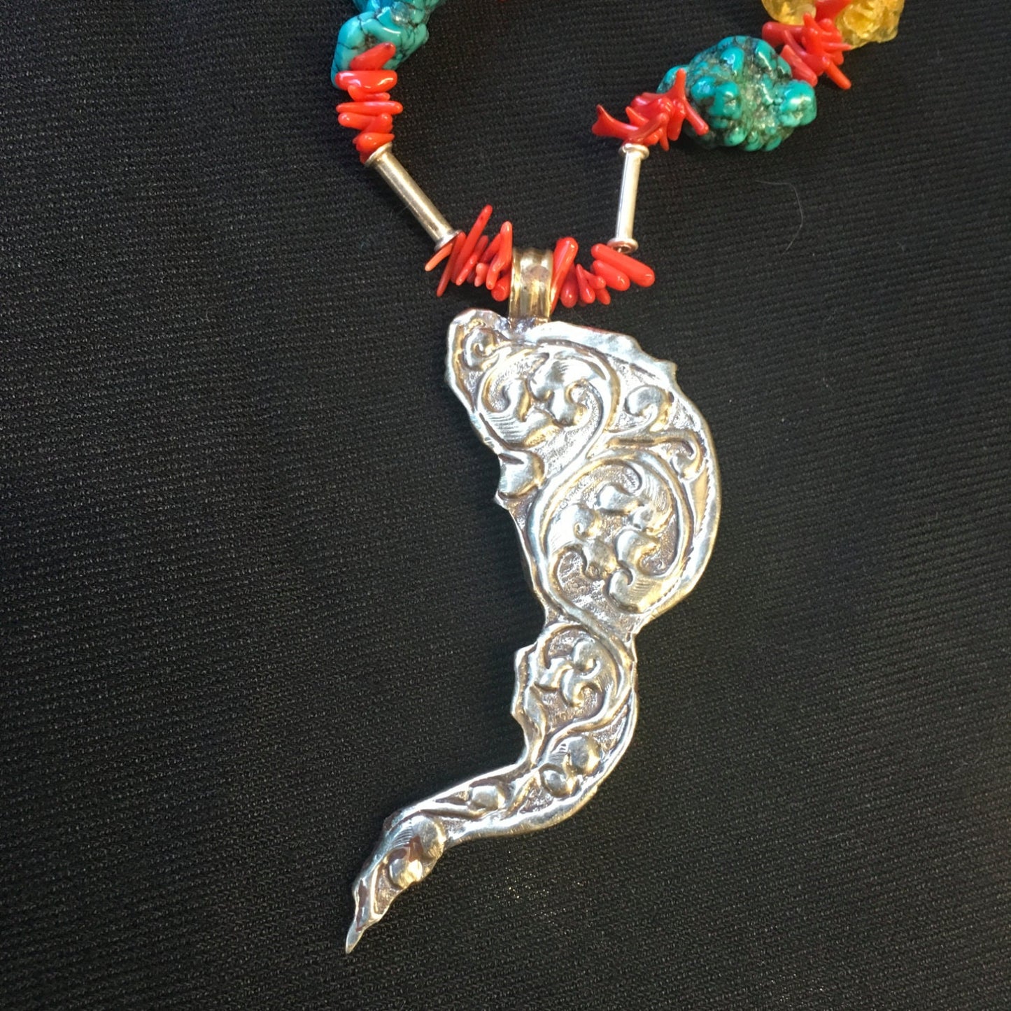 necklace "Primarily a Dragon" Dragon from Nepal, Turquoise, Amber, Statement piece, Gift idea, Coral, Reiki charged