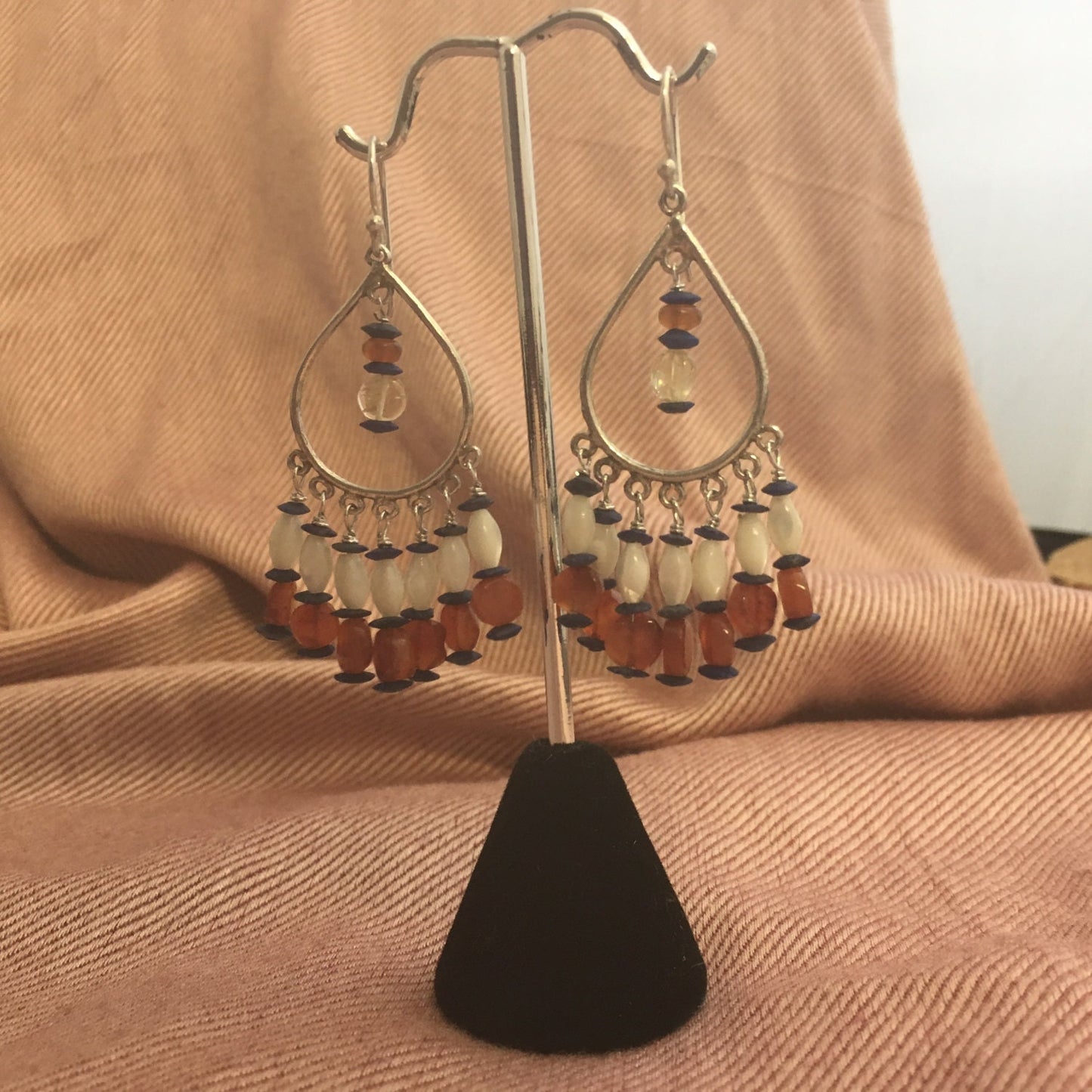 earrings "Radiant Chandeliers" Chandelier earrings, Sterling charms, Afghan Lapis, Carnelian, Mother of Pearl, Reiki charged, Gift for Her