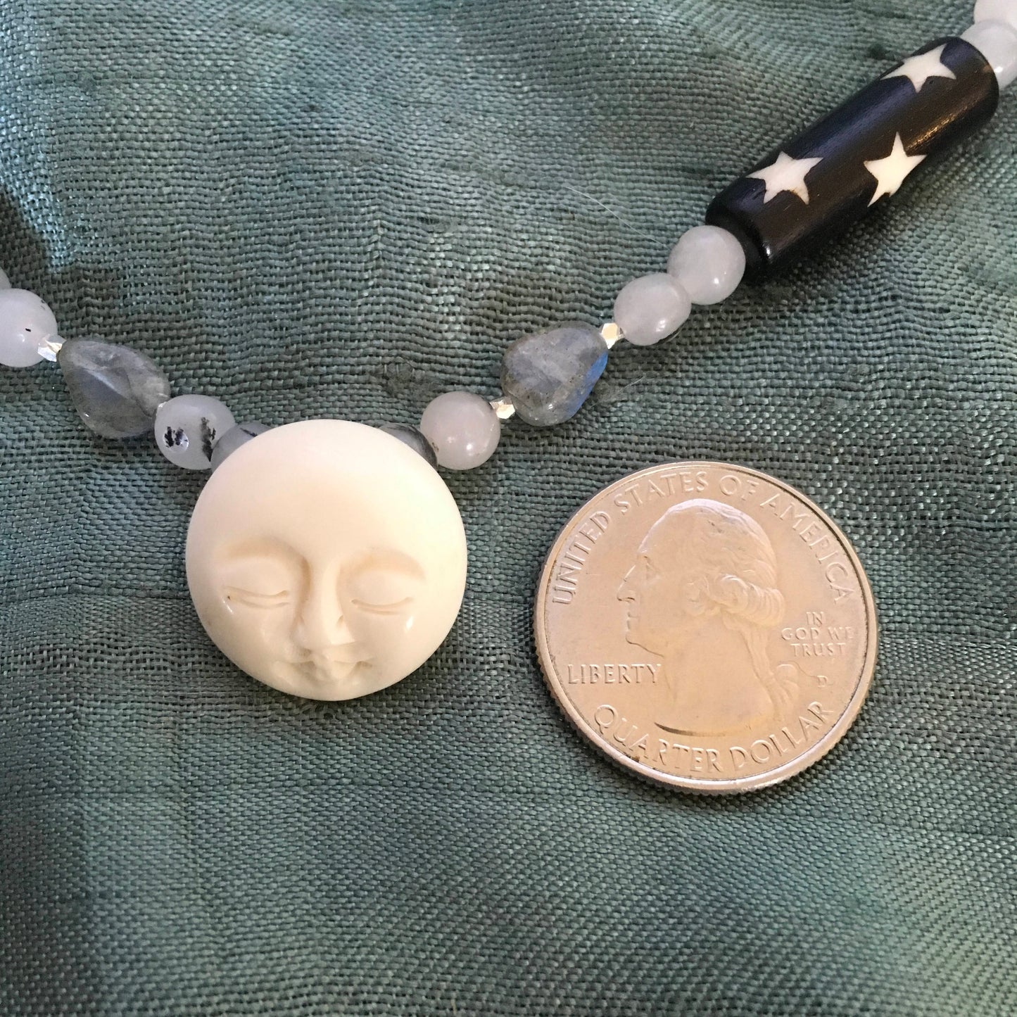 necklace "Sleeping Sister" Carved Bone Moon focal, Quartz, Labradorite, Batiked bone beads, Moon Jewelry, Gender neutral, Reiki charged
