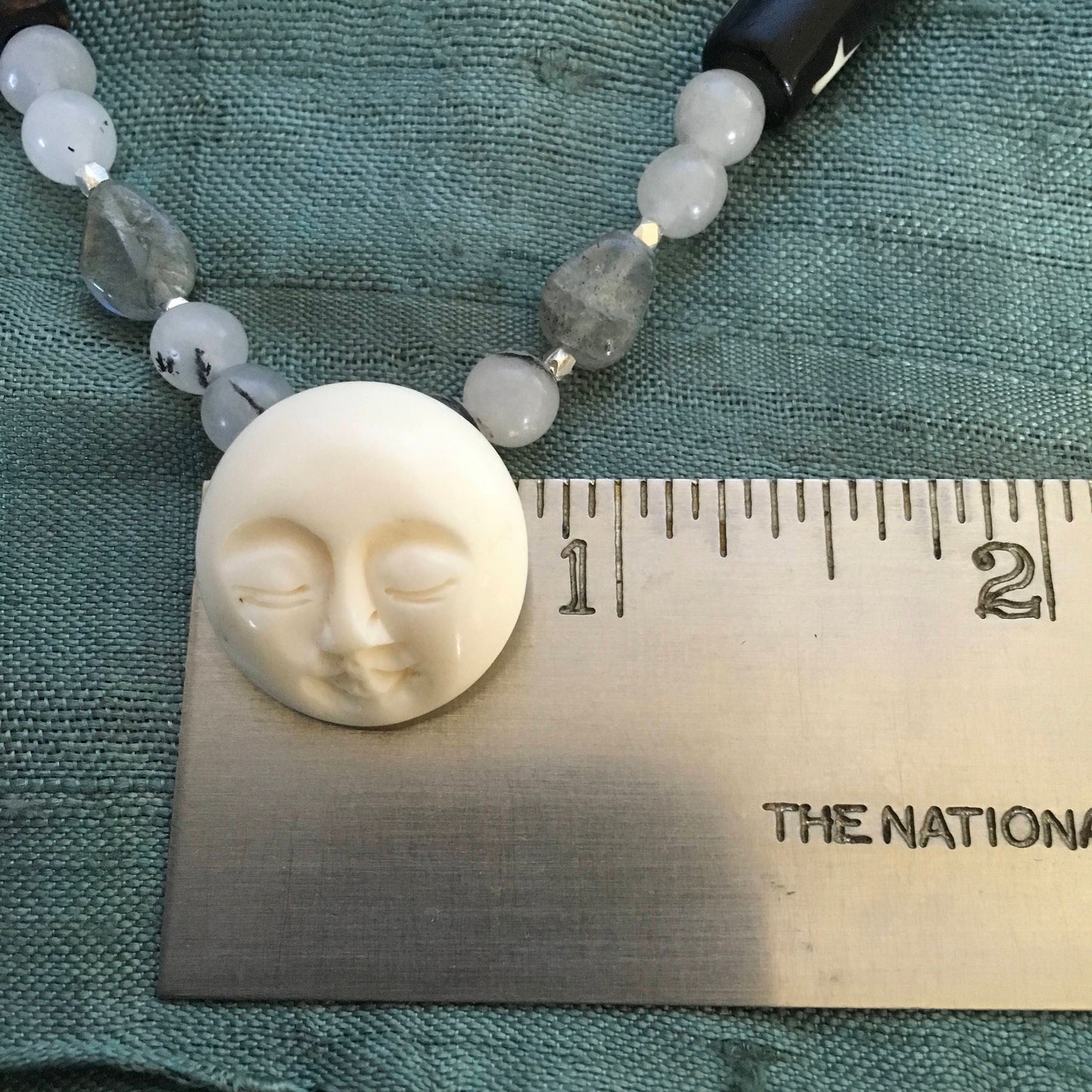 necklace "Sleeping Sister" Carved Bone Moon focal, Quartz, Labradorite, Batiked bone beads, Moon Jewelry, Gender neutral, Reiki charged