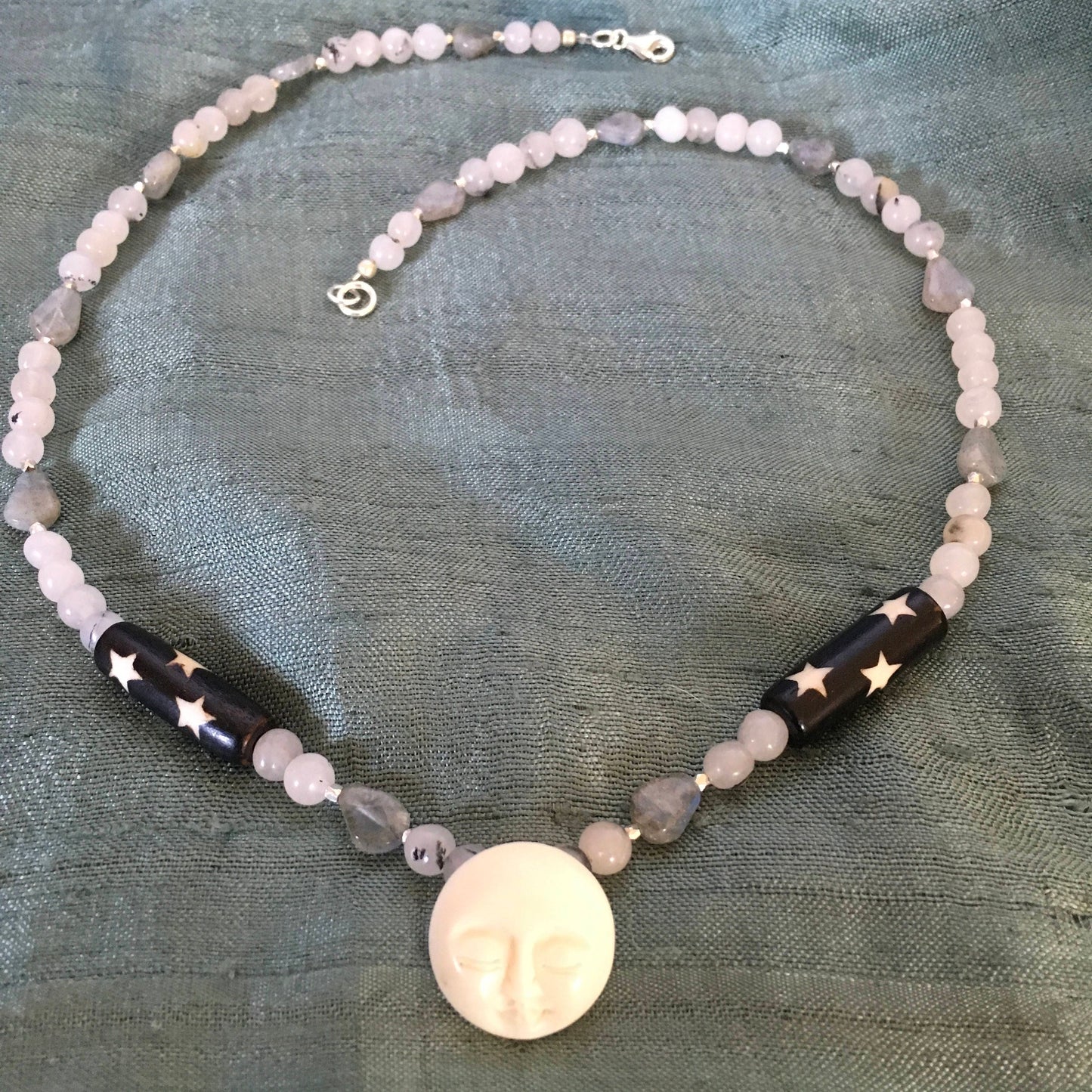 necklace "Sleeping Sister" Carved Bone Moon focal, Quartz, Labradorite, Batiked bone beads, Moon Jewelry, Gender neutral, Reiki charged