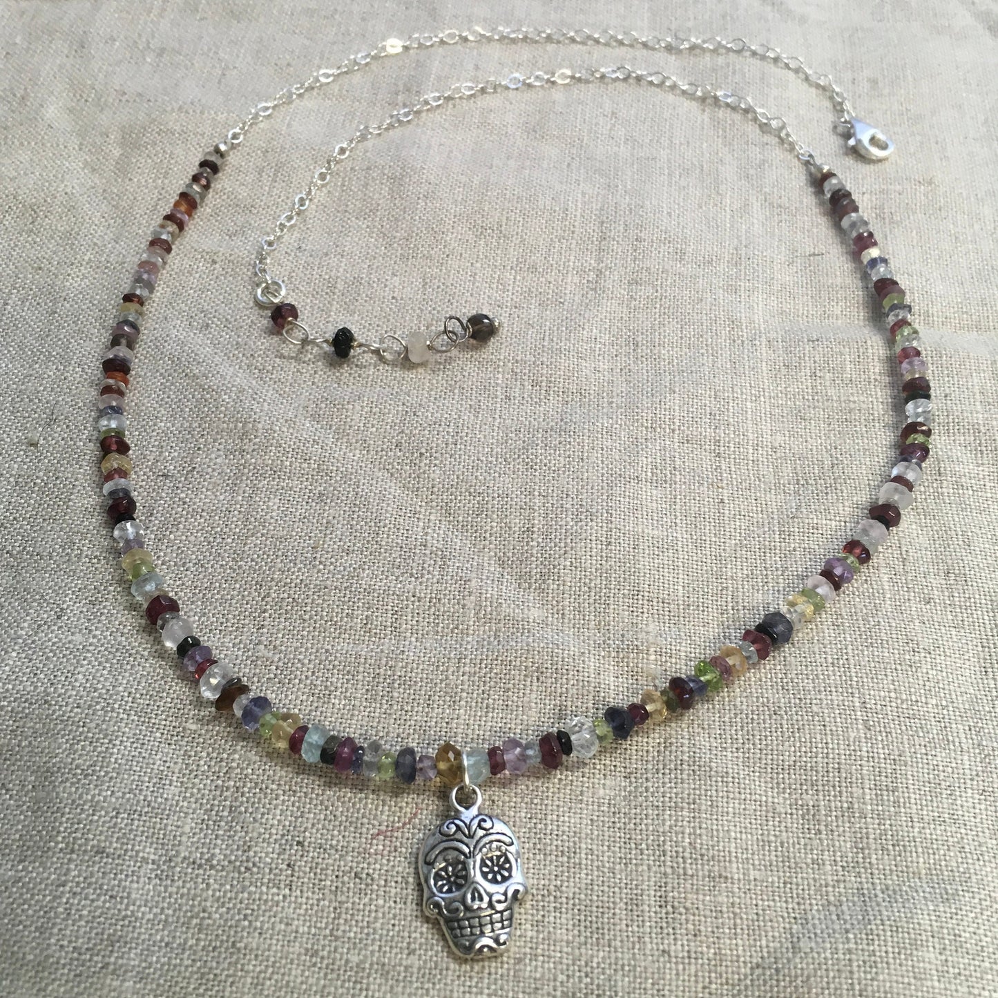 necklace "Sugar Skull" Sterling Sugar Skull, Semi-precious stones, Day of the Dead, Gift Idea, Gender Neutral, Samhain, Reiki, Halloween