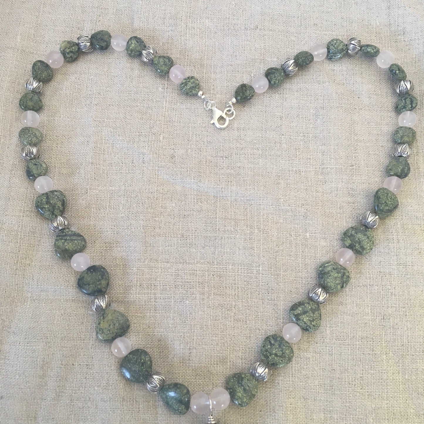 necklace "Love Grows" Carved Rose Quartz Leaf pendant, Chiang Mai Silver beads, Serpentine Hearts, Statement Piece, Hill Tribe Silver, Reiki