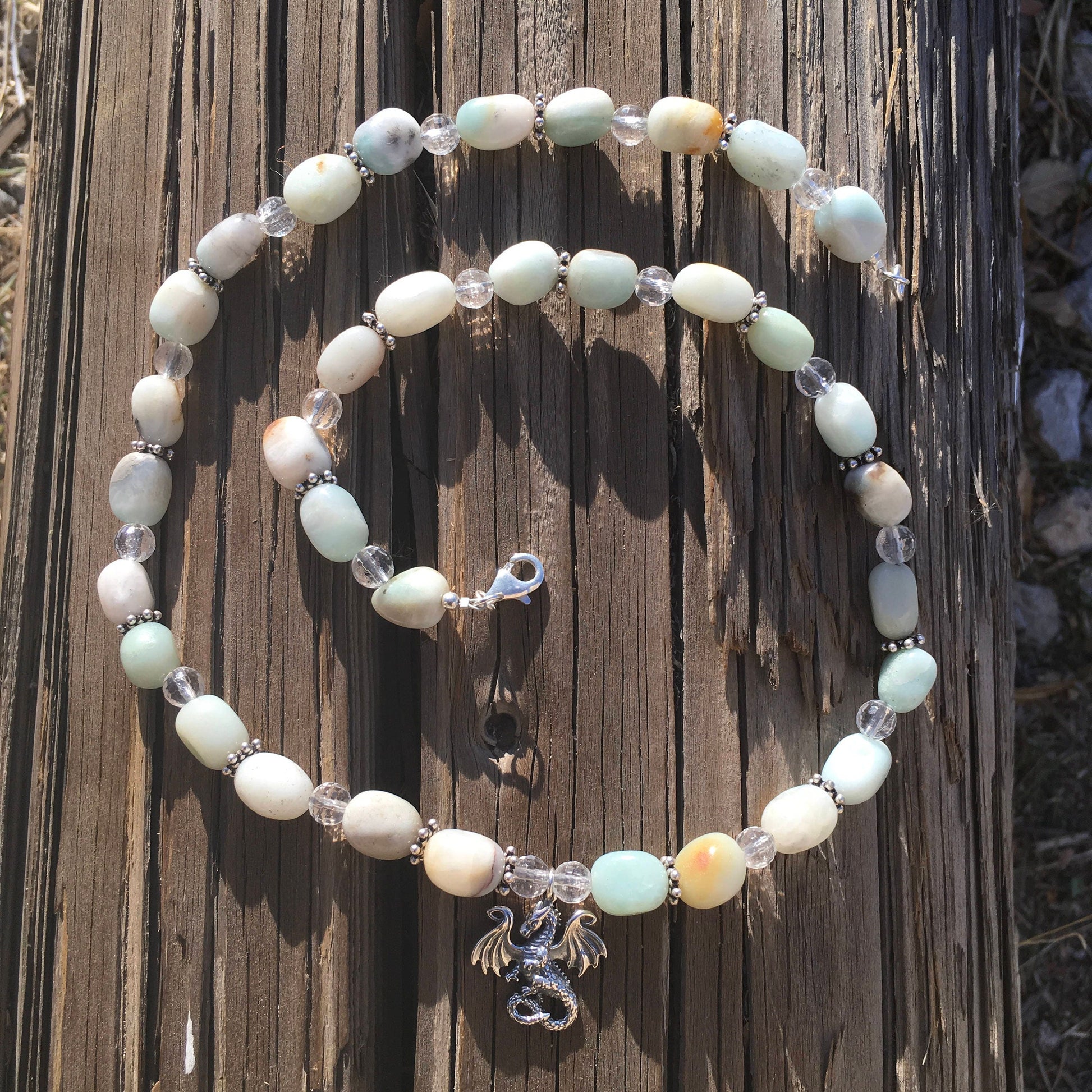 necklace "Frost Dragon" Sterling Dragon pendant, Amazonite, Quartz, Snowflakes, Gift idea, Gender Neutral, Reiki charged, Dragon jewelry