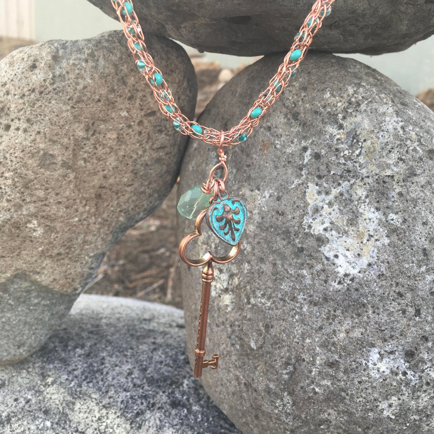 viking knit necklace "Key to Higher Self" handmade Copper chain with beads, Copper Key, Copper Charm, Fluorite, Reiki charged, Gift idea
