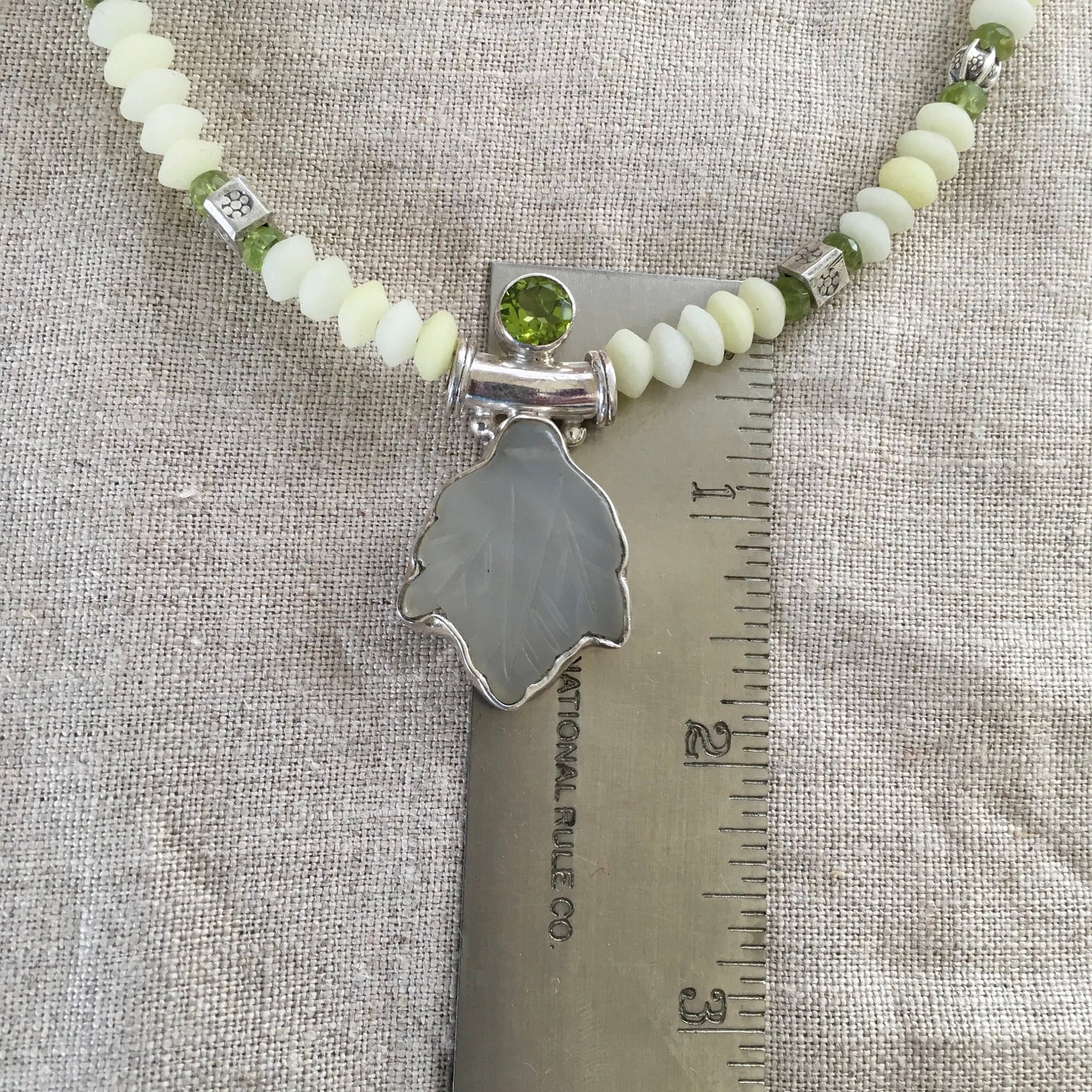 necklace "Almost Spring" Carved Jade Leaf & Peridot pendant, White jade, Hill Tribe Silver beads, Peridot, Ostara jewelry, Reiki charged