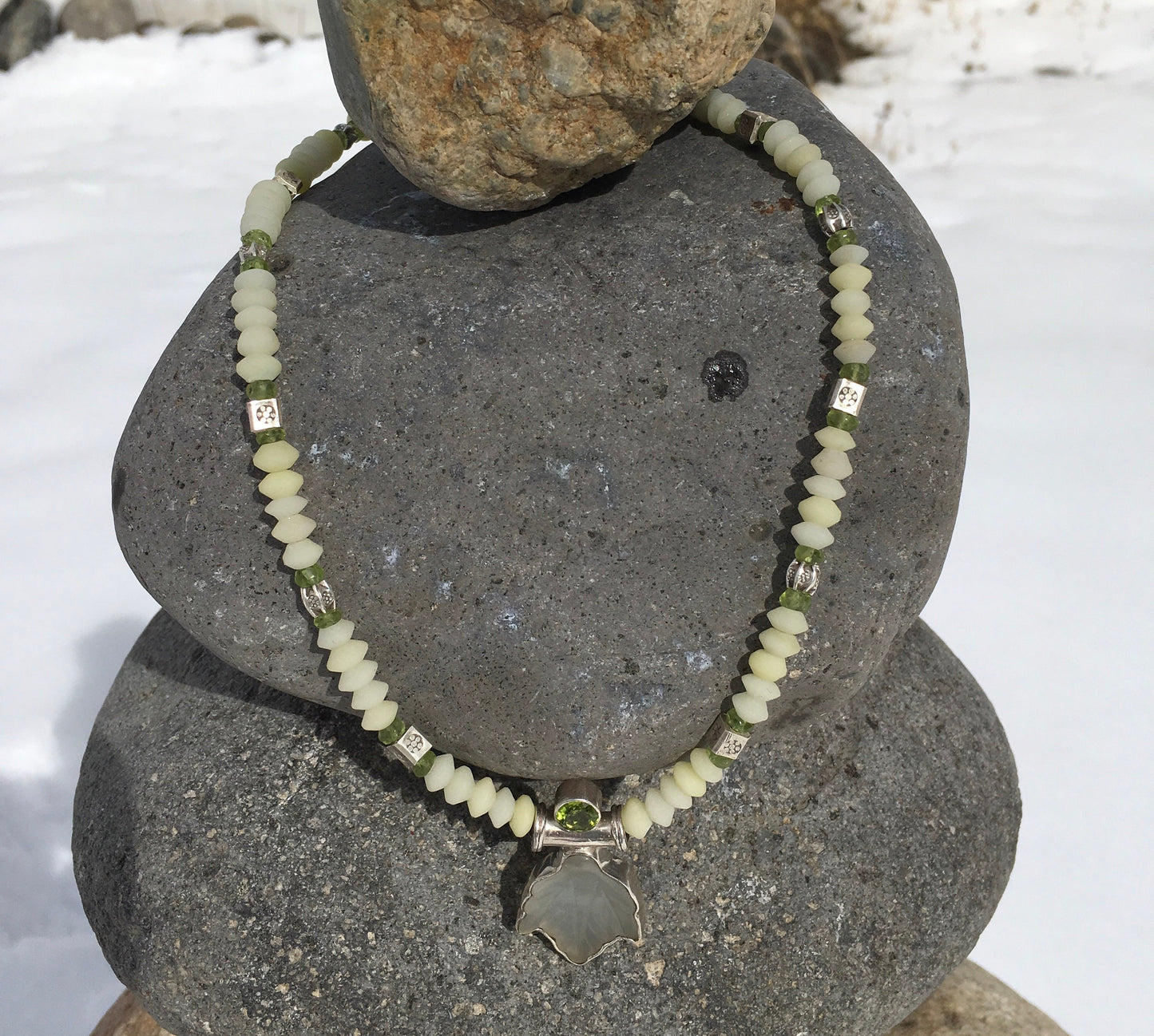 necklace "Almost Spring" Carved Jade Leaf & Peridot pendant, White jade, Hill Tribe Silver beads, Peridot, Ostara jewelry, Reiki charged