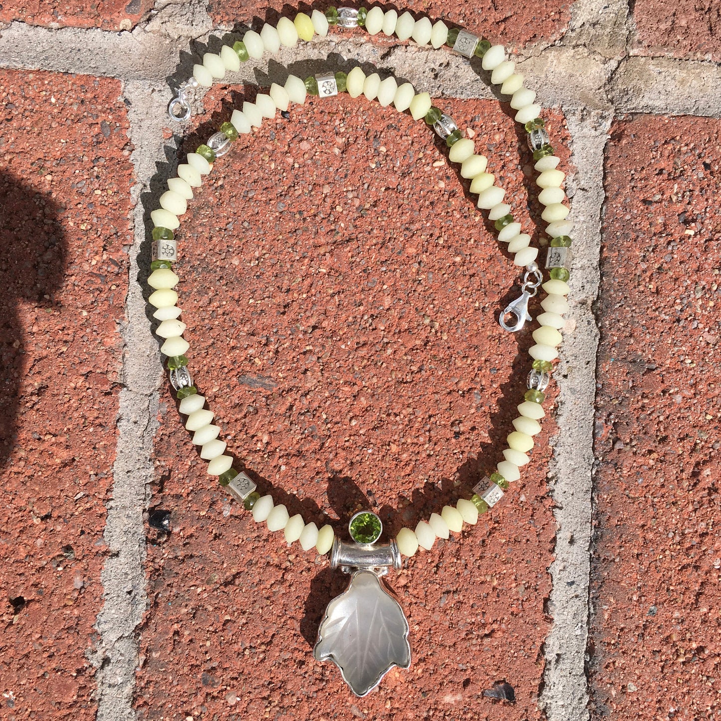 necklace "Almost Spring" Carved Jade Leaf & Peridot pendant, White jade, Hill Tribe Silver beads, Peridot, Ostara jewelry, Reiki charged