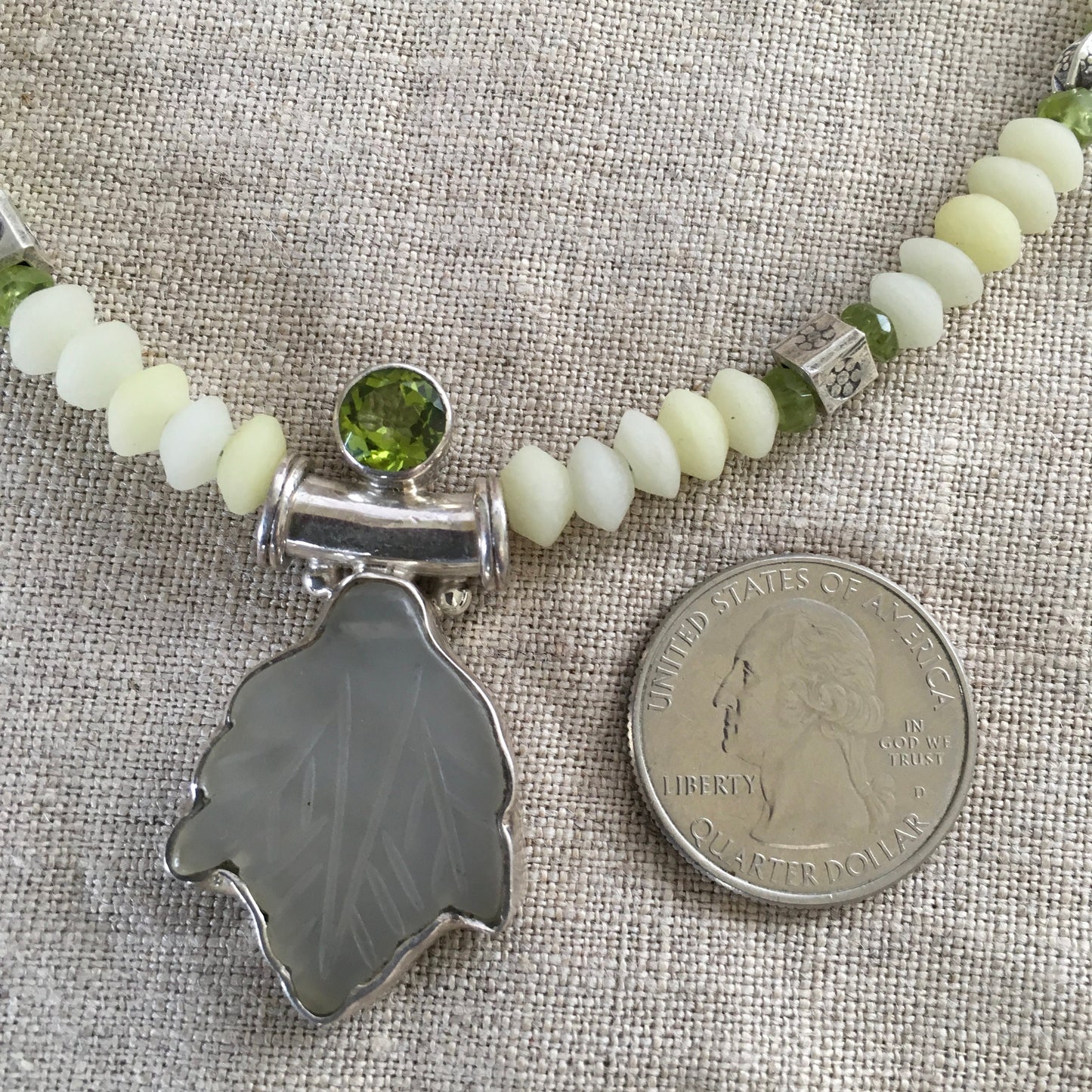 necklace "Almost Spring" Carved Jade Leaf & Peridot pendant, White jade, Hill Tribe Silver beads, Peridot, Ostara jewelry, Reiki charged