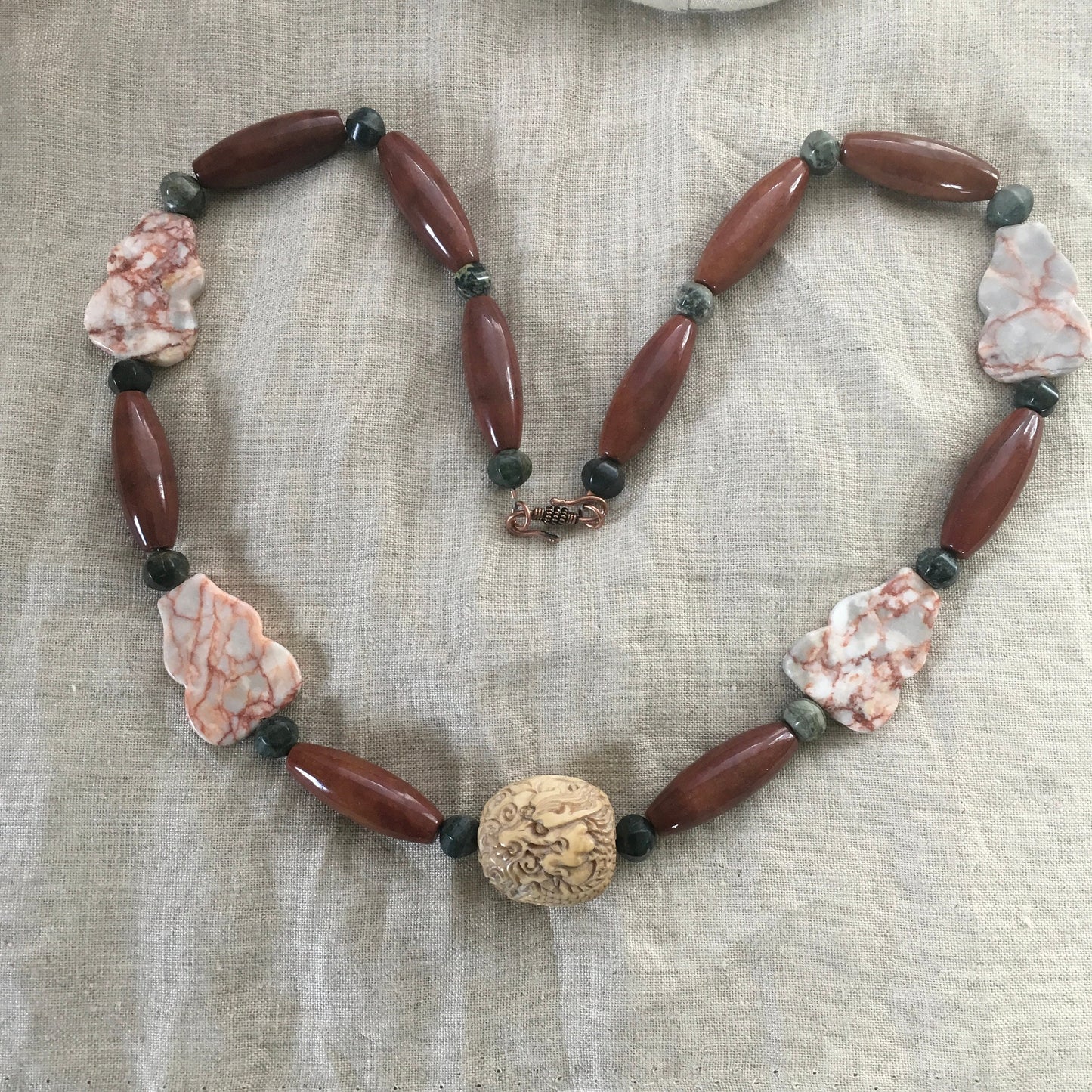 necklace "Luck Dragon" Carved Vintage Dragon Bead, Agate, Serpentine, Jasper, Dragon Statement Piece, Reiki vibe, Gift Idea, Gender Neutral