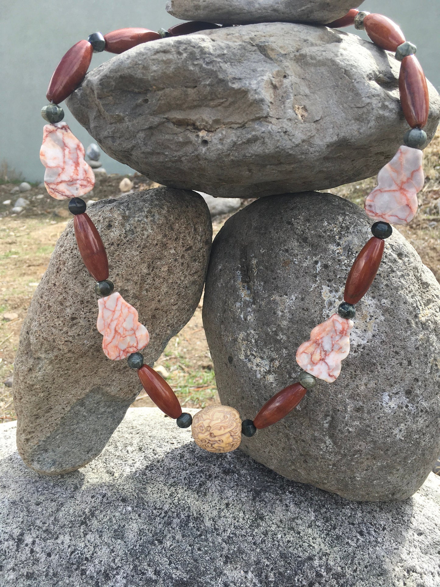 necklace "Luck Dragon" Carved Vintage Dragon Bead, Agate, Serpentine, Jasper, Dragon Statement Piece, Reiki vibe, Gift Idea, Gender Neutral