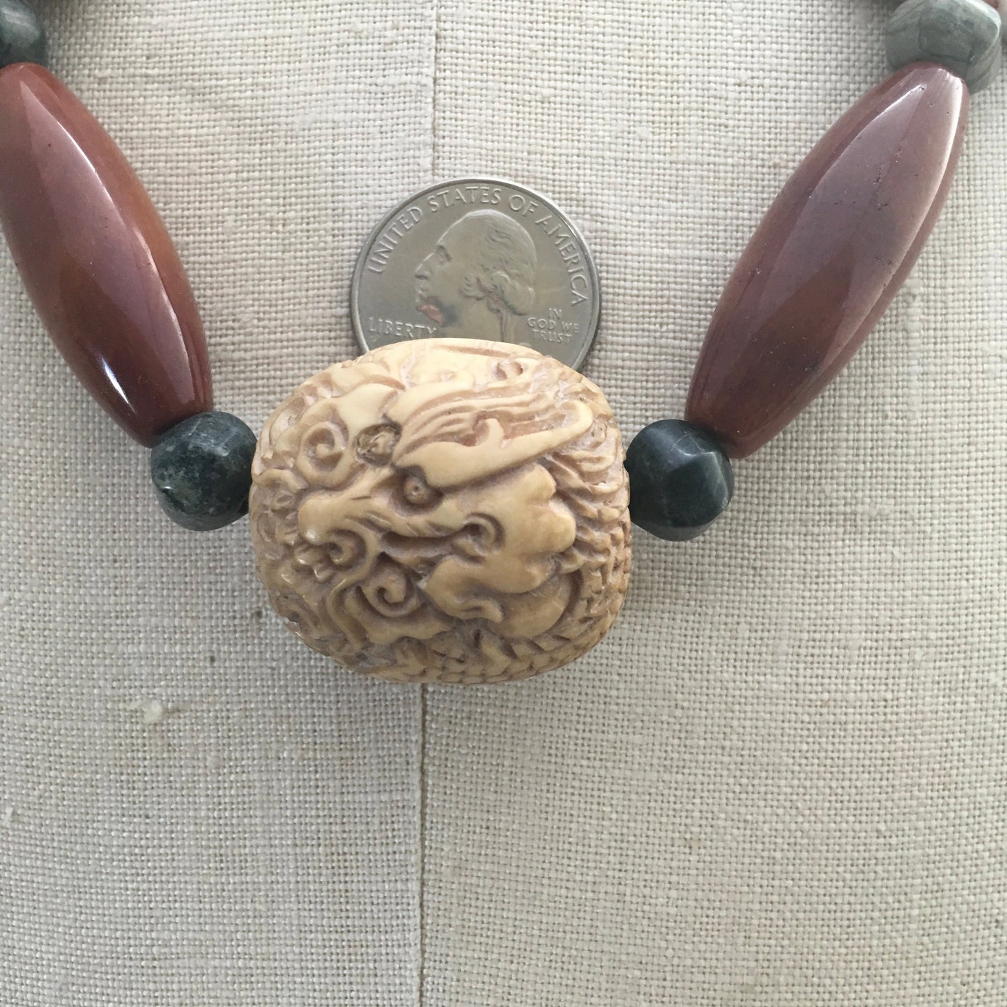 necklace "Luck Dragon" Carved Vintage Dragon Bead, Agate, Serpentine, Jasper, Dragon Statement Piece, Reiki vibe, Gift Idea, Gender Neutral
