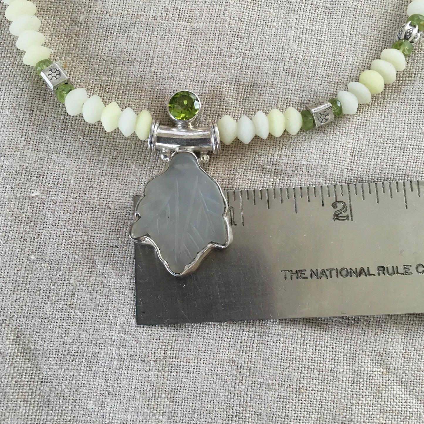 necklace "Almost Spring" Carved Jade Leaf & Peridot pendant, White jade, Hill Tribe Silver beads, Peridot, Ostara jewelry, Reiki charged