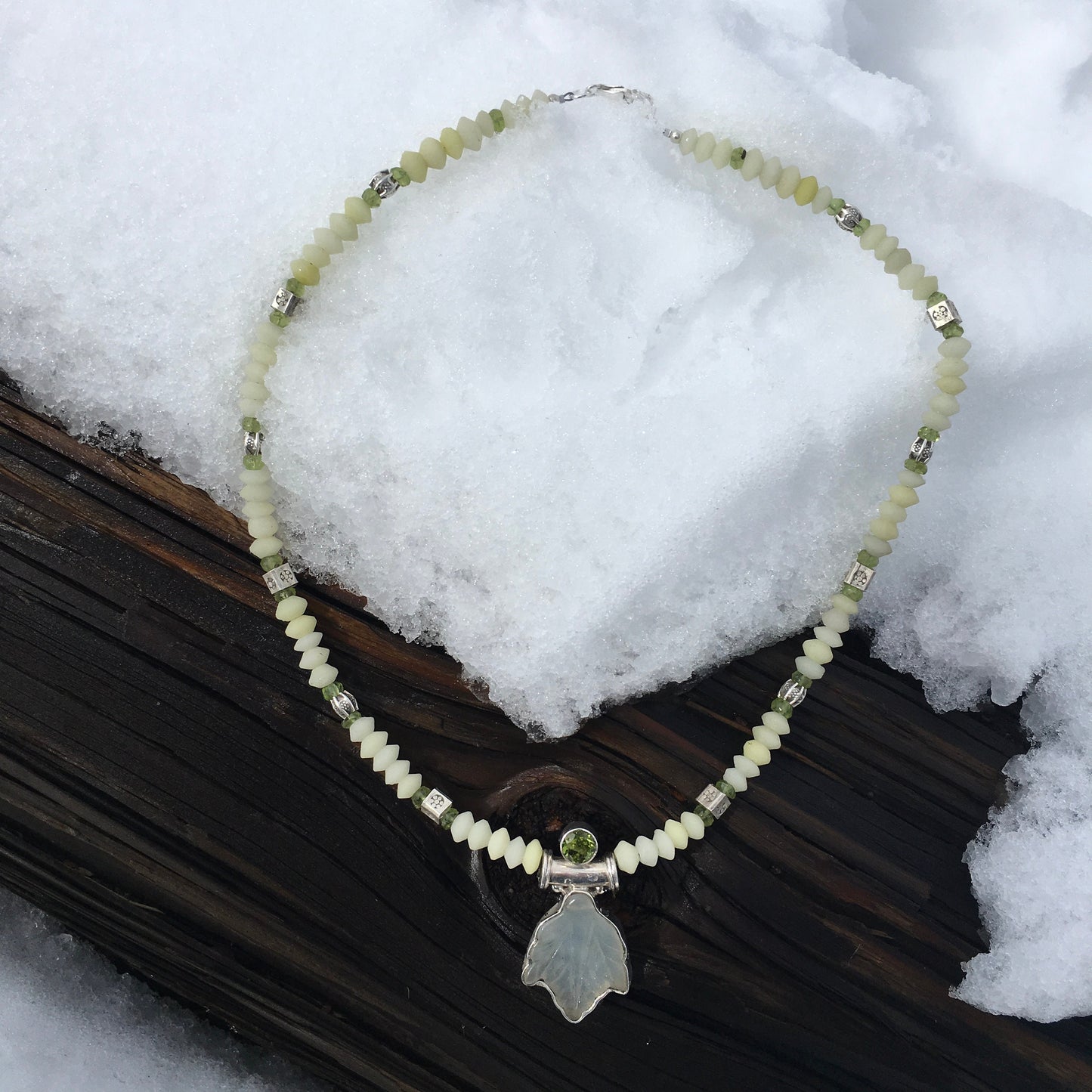 necklace "Almost Spring" Carved Jade Leaf & Peridot pendant, White jade, Hill Tribe Silver beads, Peridot, Ostara jewelry, Reiki charged