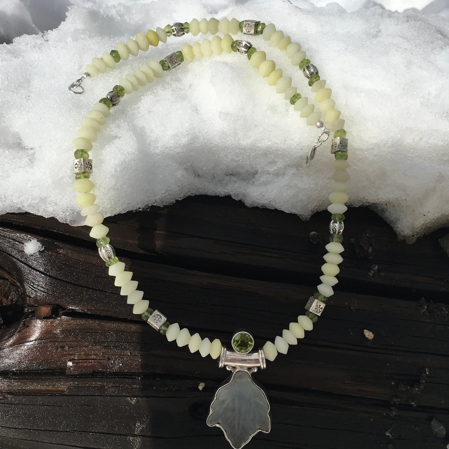 necklace "Almost Spring" Carved Jade Leaf & Peridot pendant, White jade, Hill Tribe Silver beads, Peridot, Ostara jewelry, Reiki charged