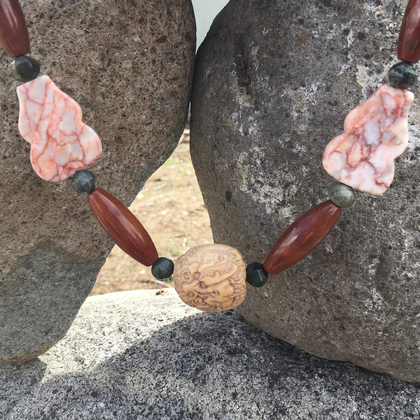 necklace "Luck Dragon" Carved Vintage Dragon Bead, Agate, Serpentine, Jasper, Dragon Statement Piece, Reiki vibe, Gift Idea, Gender Neutral