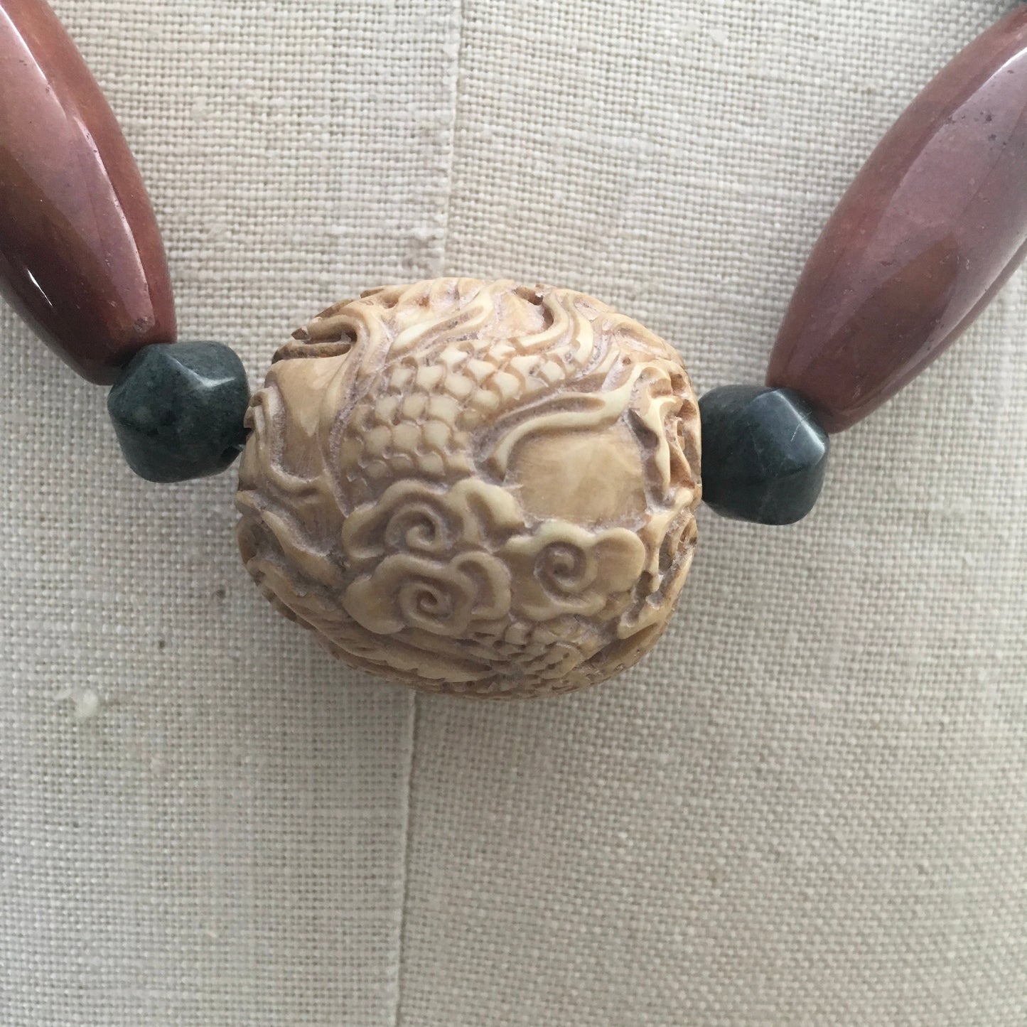 necklace "Luck Dragon" Carved Vintage Dragon Bead, Agate, Serpentine, Jasper, Dragon Statement Piece, Reiki vibe, Gift Idea, Gender Neutral