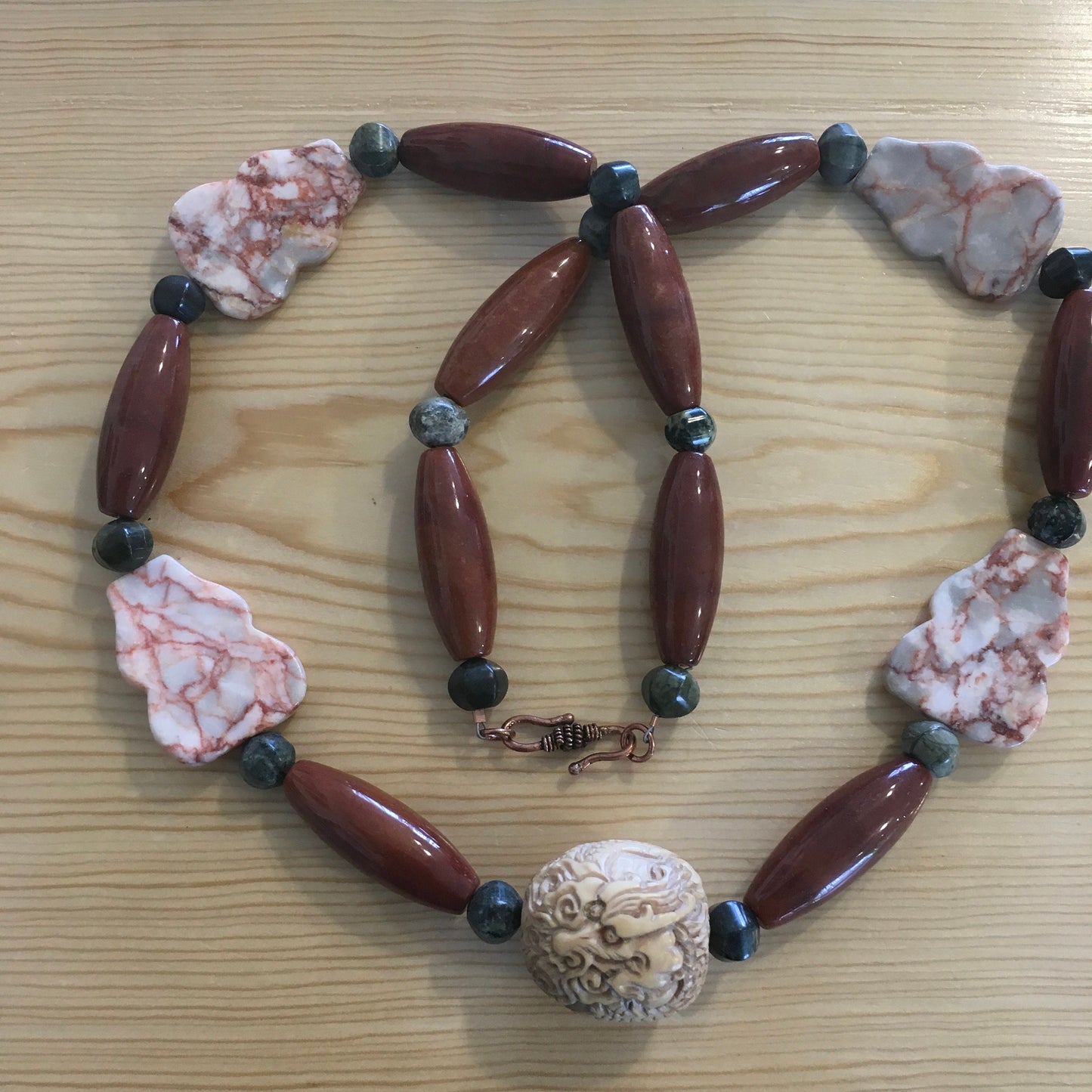 necklace "Luck Dragon" Carved Vintage Dragon Bead, Agate, Serpentine, Jasper, Dragon Statement Piece, Reiki vibe, Gift Idea, Gender Neutral