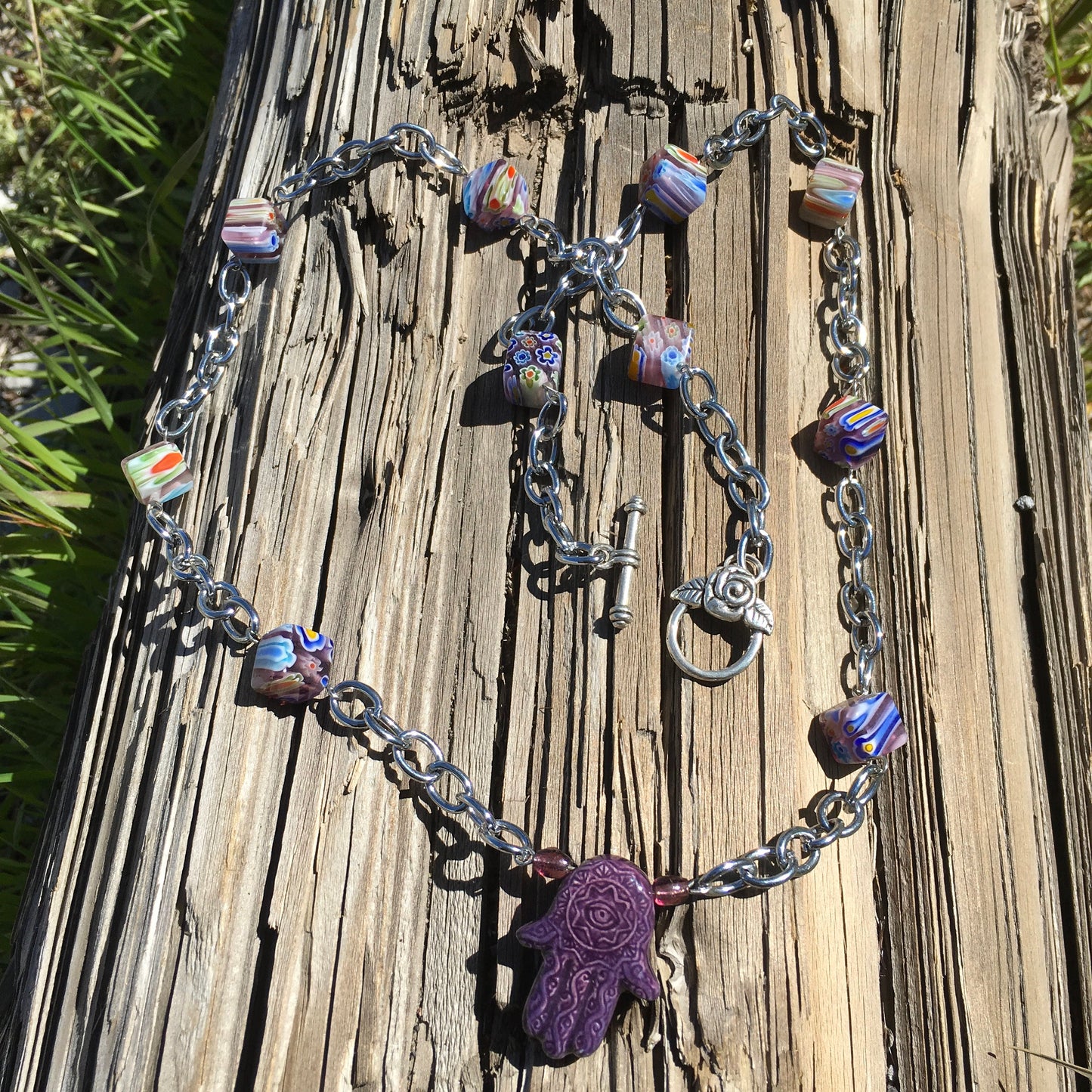 necklace "Royal Hand" Ceramic Hamsa, Hand of Fatima, Hand of God, millefiori beads, Bohemian necklace, upcycled chain, Reiki charged