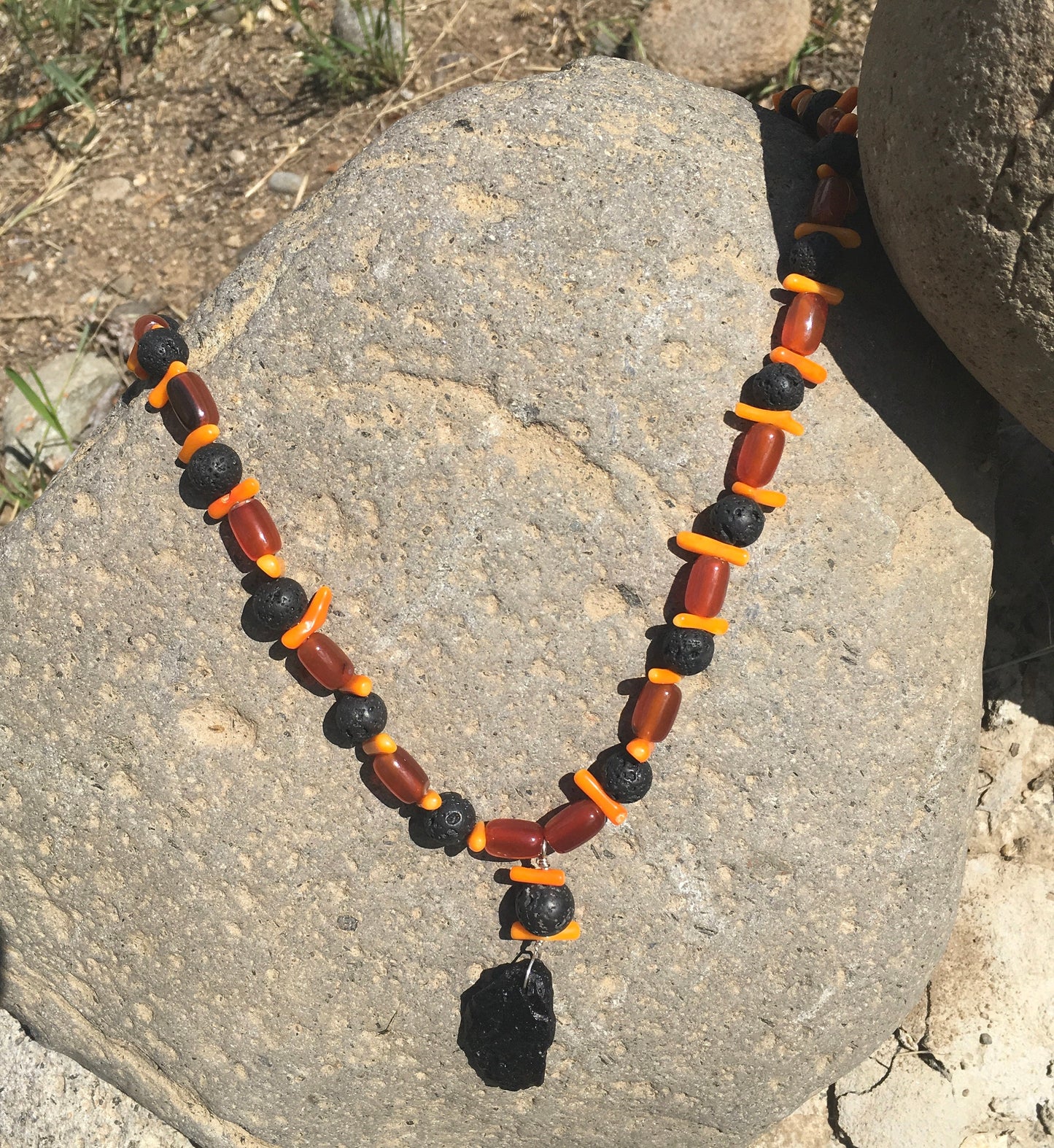 necklace "Eruption" Tektite Lava Stone & Coral pendant, Carnelian, Volcano, Alien rock, Tektite jewelry, Gift idea, Gender Neutral necklace
