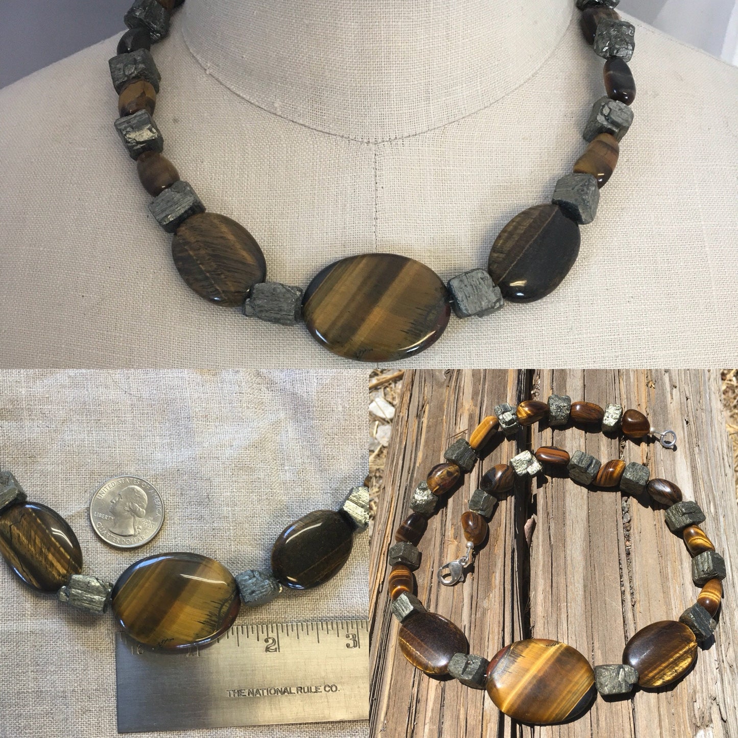 necklace "Abundance" Tiger Eye Focal Beads, Raw Pyrite, Tiger Eye, Statement Piece, For Everyone, Reiki charged, Gift idea, Summer jewely