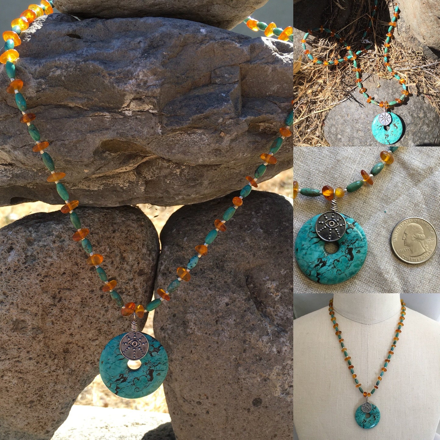 necklace "The Great I Am" Turquoise & Sterling Charm pendant, New Mexican Turquoise, Baltic Amber, Gender Neutral, Fine Silver, Reiki charge