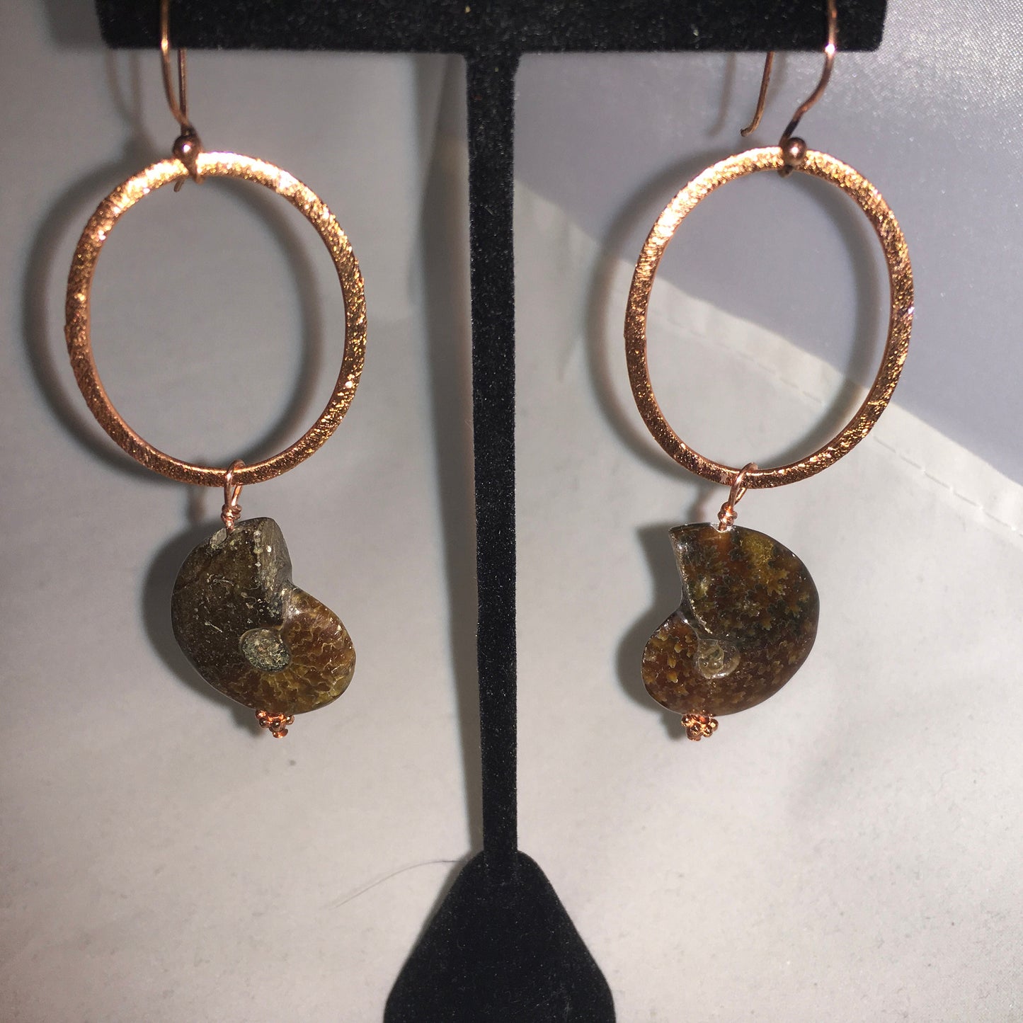 earrings "Ammonite Hoops" Brushed Copper Hoops, Ammonite fossils, Statement earrings, Gift Idea, Reiki charged, Bohemian Earrings
