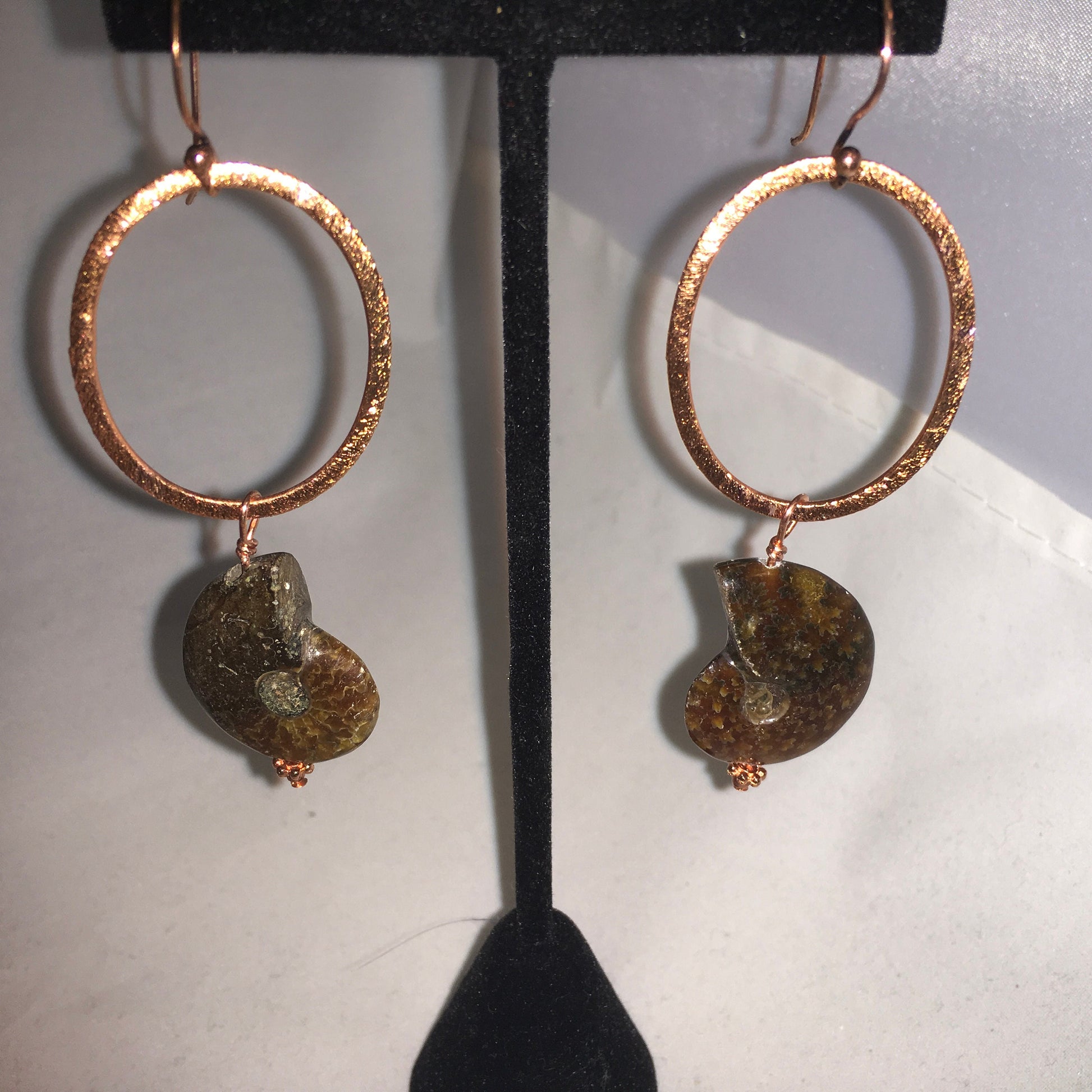 earrings "Ammonite Hoops" Brushed Copper Hoops, Ammonite fossils, Statement earrings, Gift Idea, Reiki charged, Bohemian Earrings