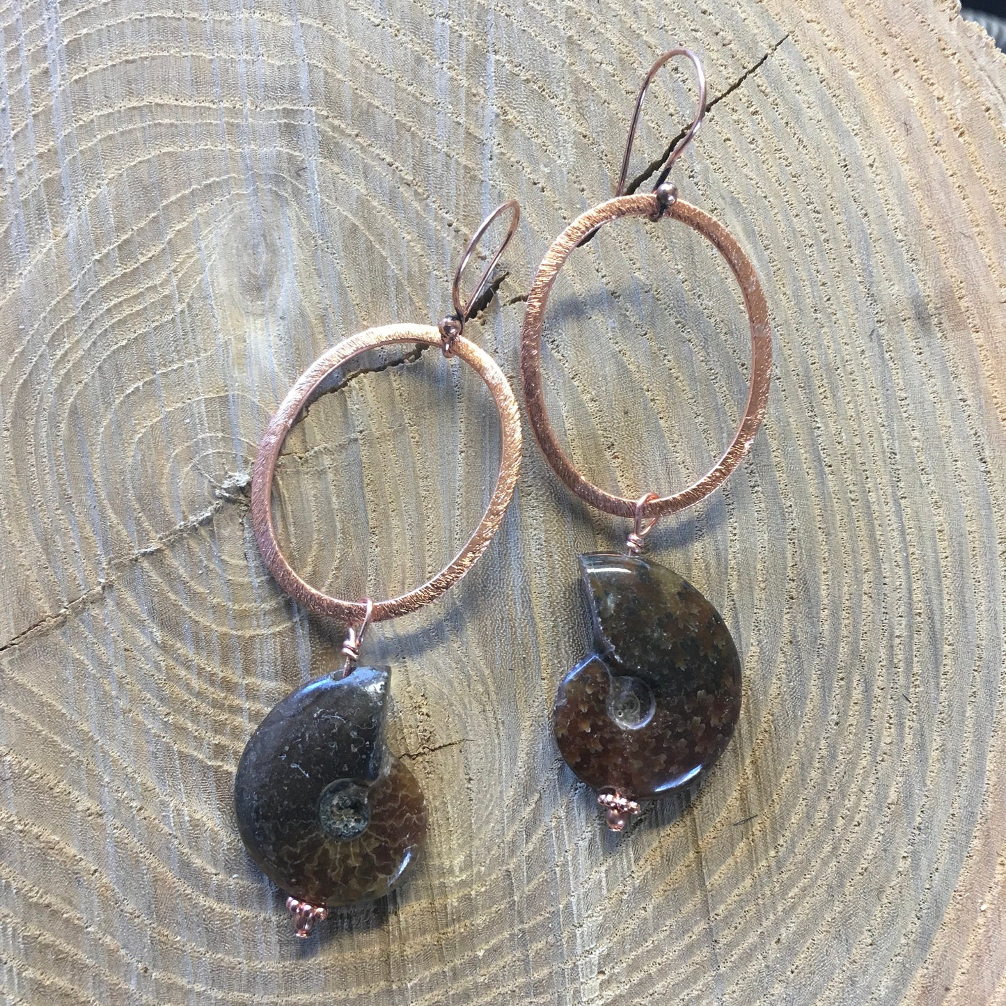 earrings "Ammonite Hoops" Brushed Copper Hoops, Ammonite fossils, Statement earrings, Gift Idea, Reiki charged, Bohemian Earrings