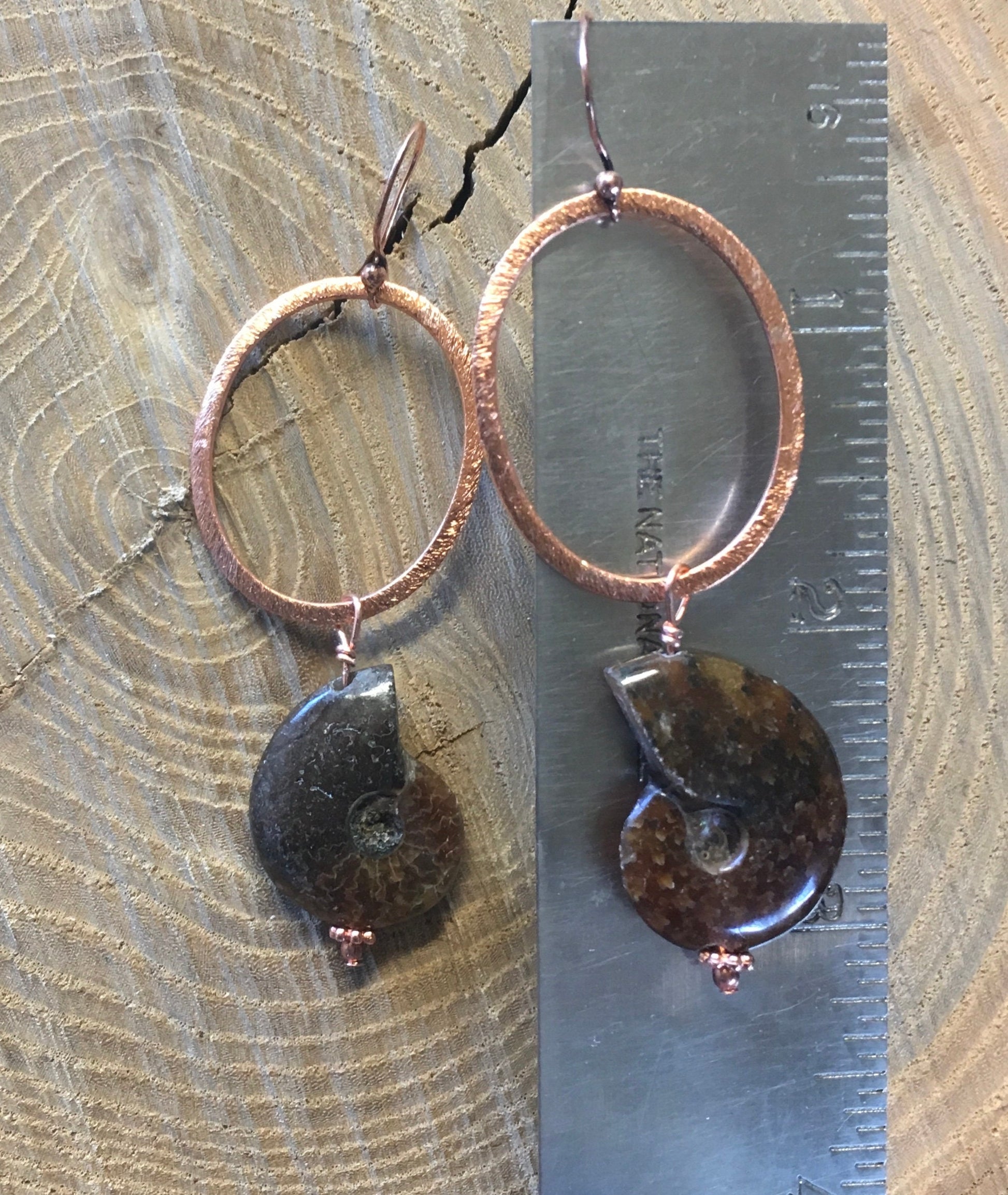 earrings "Ammonite Hoops" Brushed Copper Hoops, Ammonite fossils, Statement earrings, Gift Idea, Reiki charged, Bohemian Earrings