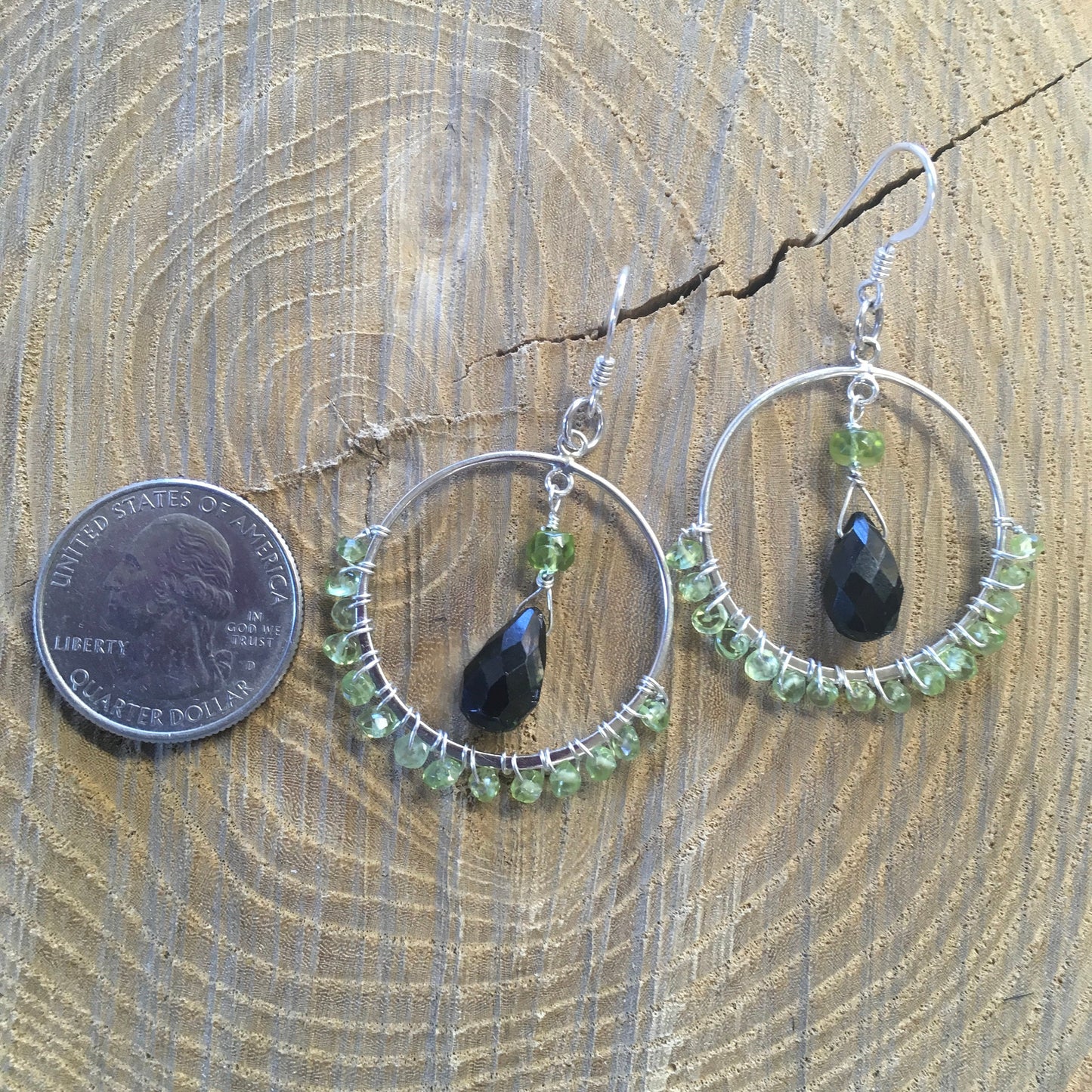 earrings "Forest Hoops" Sterling Hoops, Green Tourmaline, Peridot, Wire wrapped, Statement Earrings, Reiki charged, Hoop Earrings, Gift idea