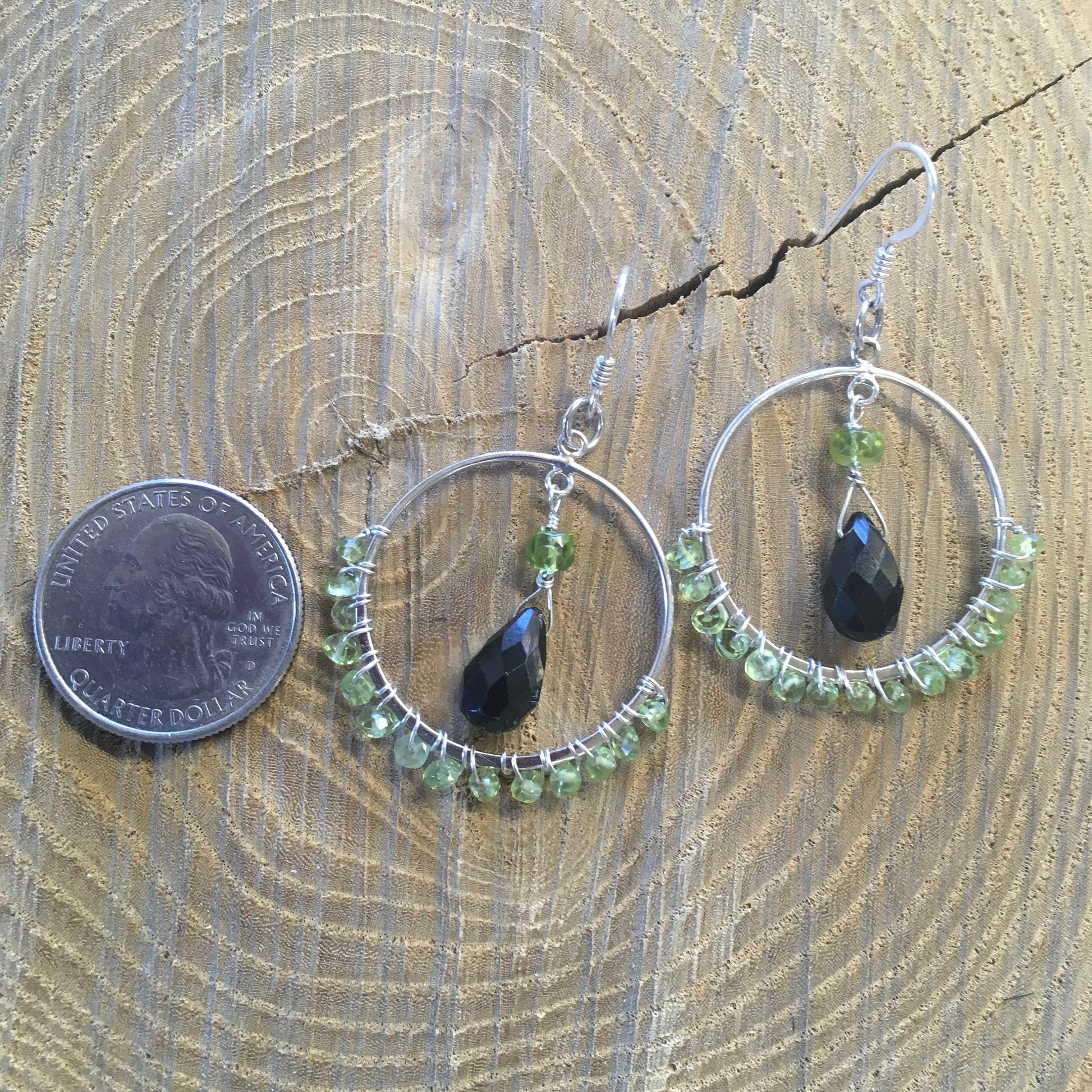 earrings "Forest Hoops" Sterling Hoops, Green Tourmaline, Peridot, Wire wrapped, Statement Earrings, Reiki charged, Hoop Earrings, Gift idea