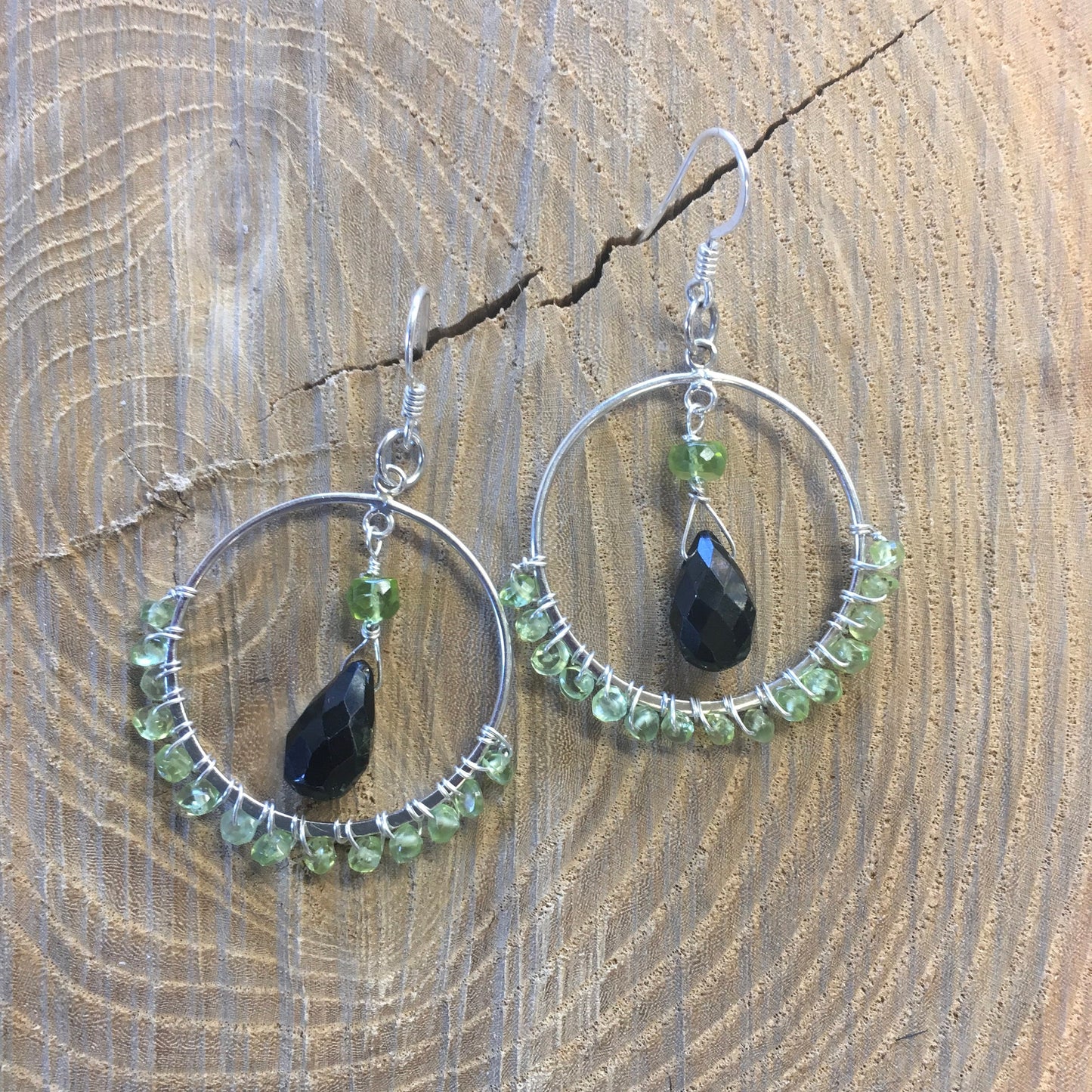 earrings "Forest Hoops" Sterling Hoops, Green Tourmaline, Peridot, Wire wrapped, Statement Earrings, Reiki charged, Hoop Earrings, Gift idea