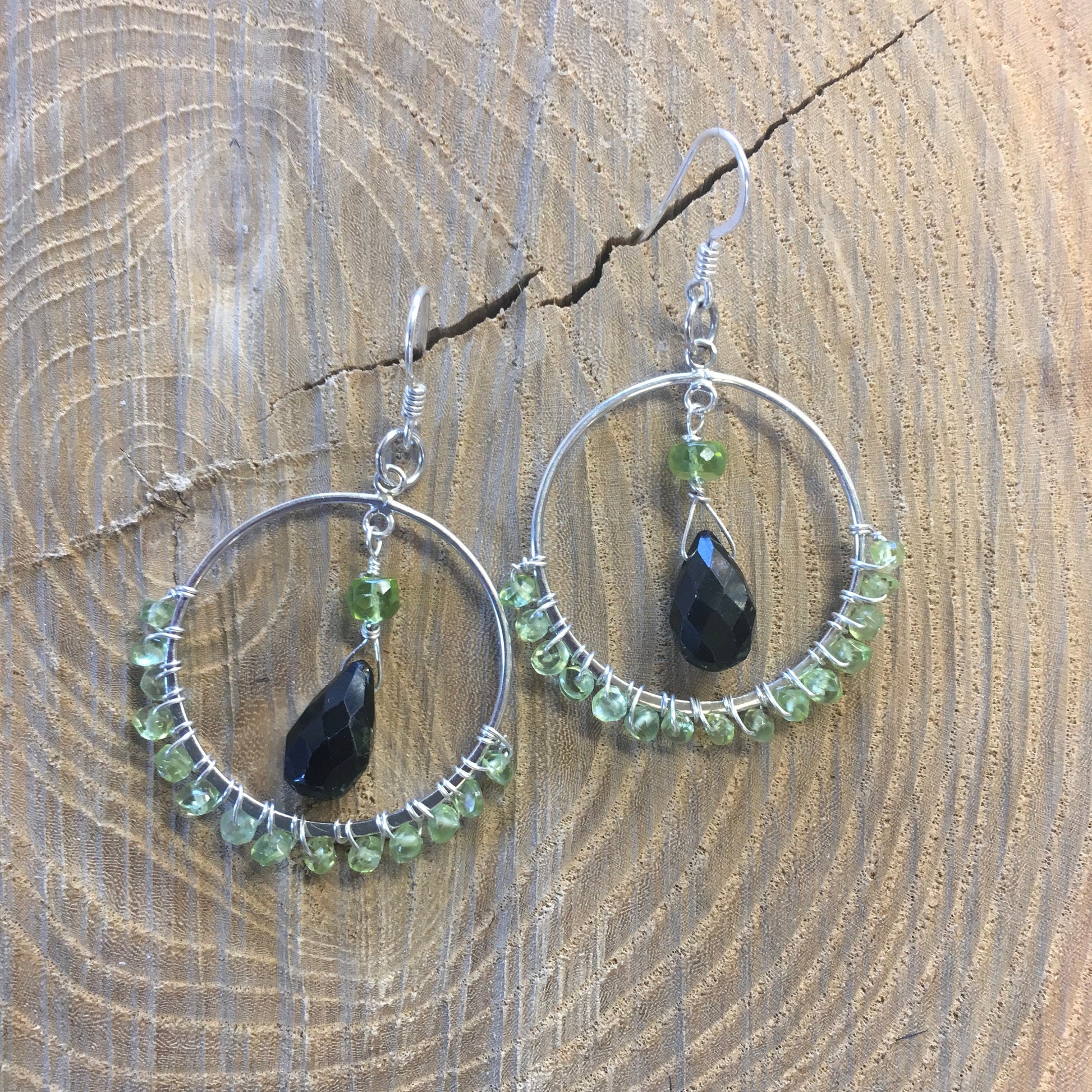earrings "Forest Hoops" Sterling Hoops, Green Tourmaline, Peridot, Wire wrapped, Statement Earrings, Reiki charged, Hoop Earrings, Gift idea