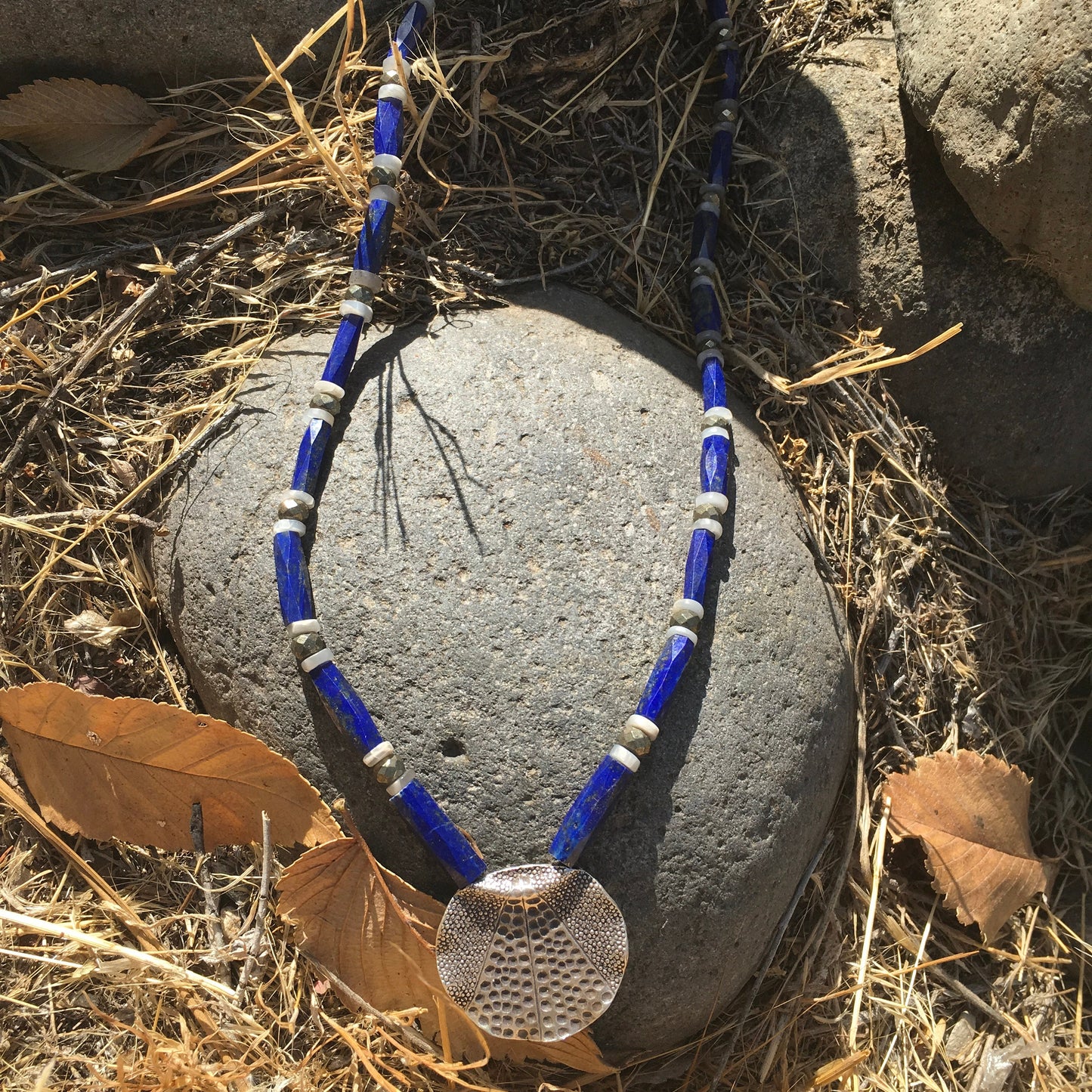 necklace "Universal Flow" Hill Tribe Silver pendant, Afghan Lapis, Grey Moonstone, Pyrite, Gender Neutral, Gift idea, Reiki charged