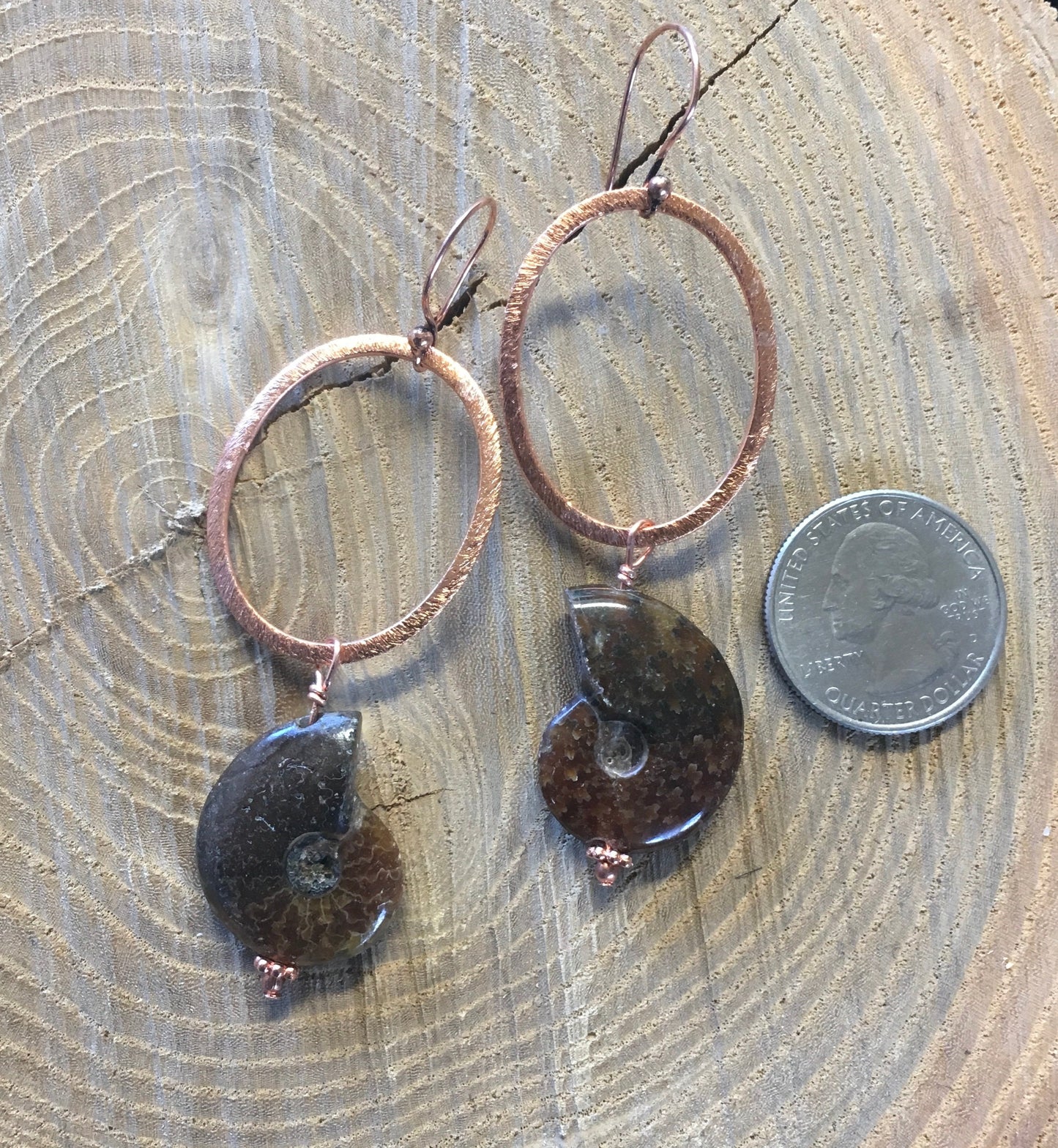 earrings "Ammonite Hoops" Brushed Copper Hoops, Ammonite fossils, Statement earrings, Gift Idea, Reiki charged, Bohemian Earrings