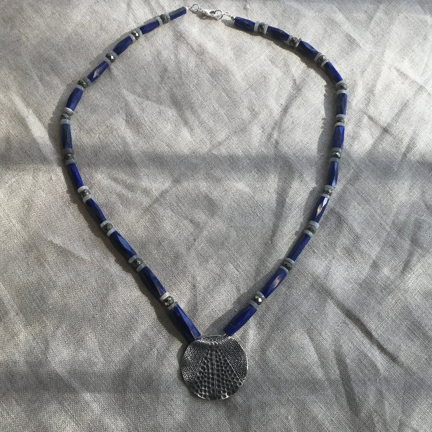 necklace "Universal Flow" Hill Tribe Silver pendant, Afghan Lapis, Grey Moonstone, Pyrite, Gender Neutral, Gift idea, Reiki charged