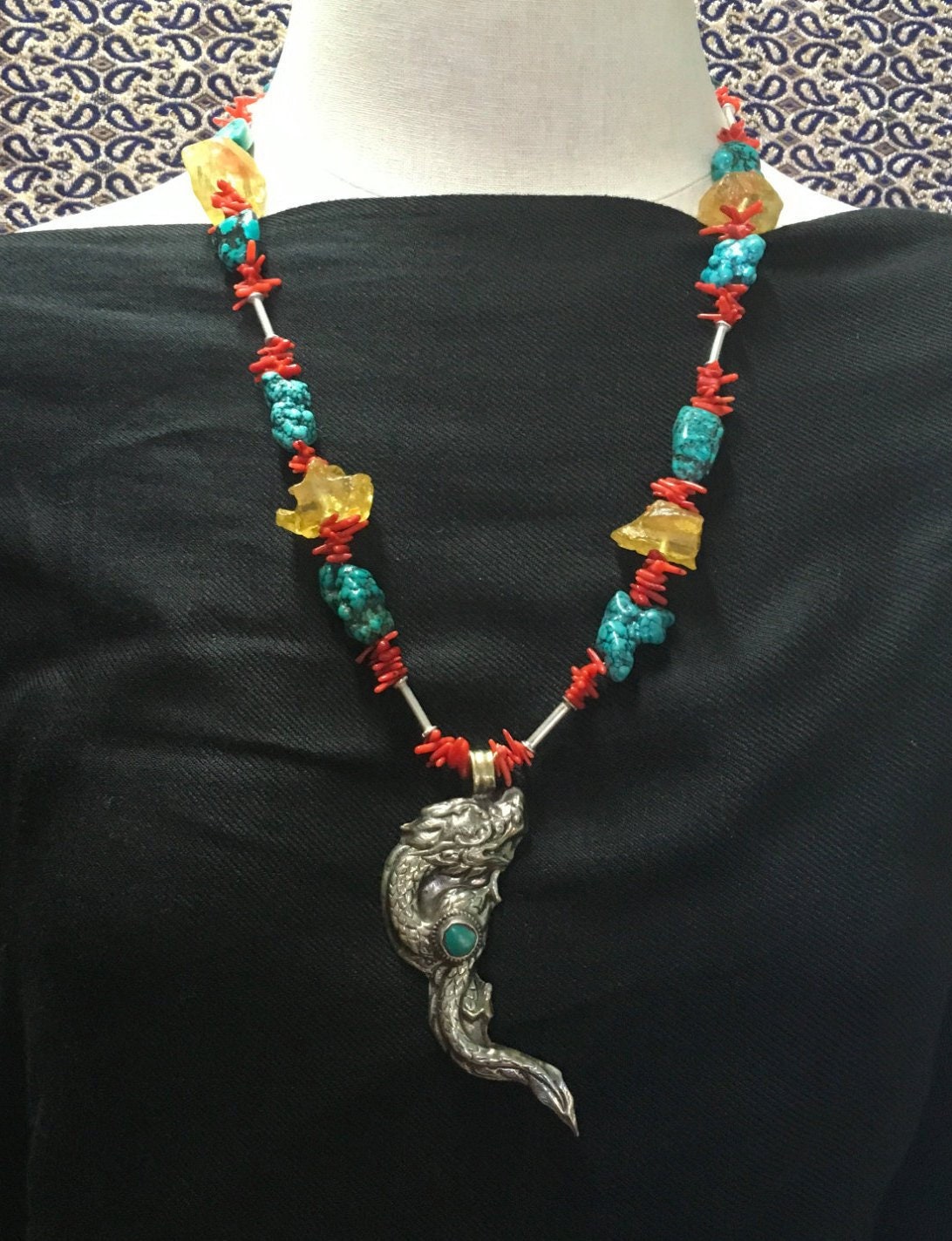 necklace "Primarily a Dragon" Dragon from Nepal, Turquoise, Amber, Statement piece, Gift idea, Coral, Reiki charged