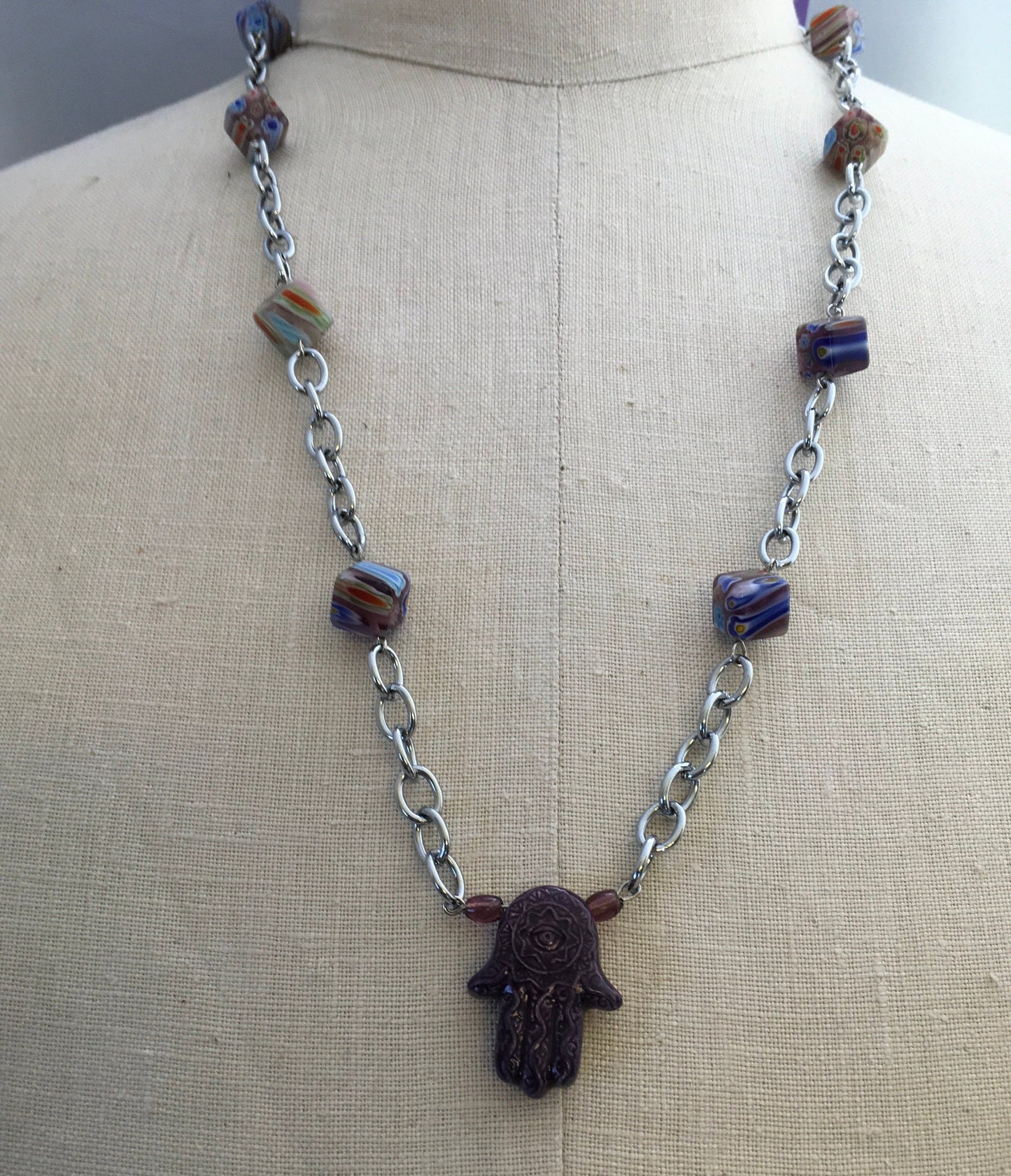 necklace "Royal Hand" Ceramic Hamsa, Hand of Fatima, Hand of God, millefiori beads, Bohemian necklace, upcycled chain, Reiki charged