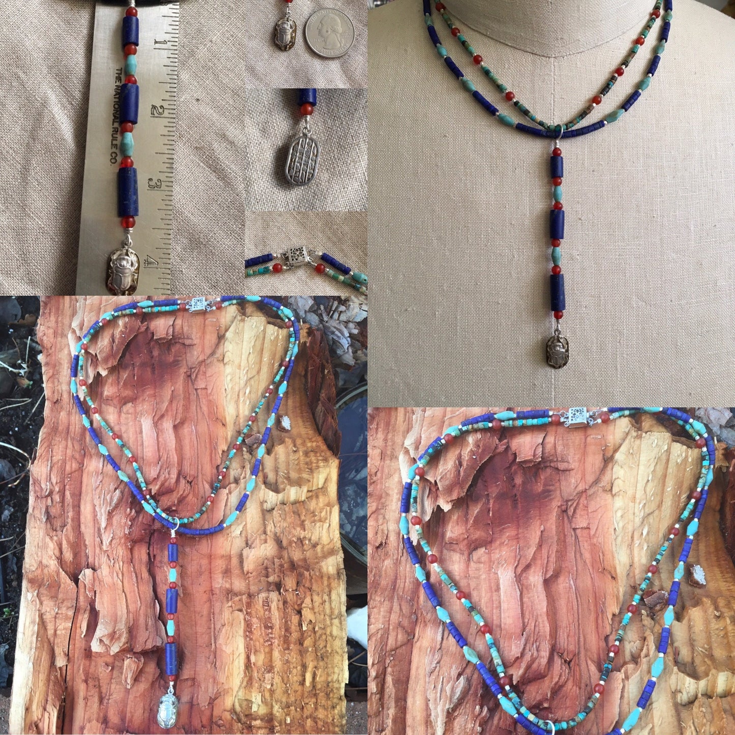 necklace "Khepri" Sterling Scarab, Afghan Lapis, Afghan Turquoise, Carnelian, Ancient Egyptian Style, Sun God, Reiki charged, Boho style