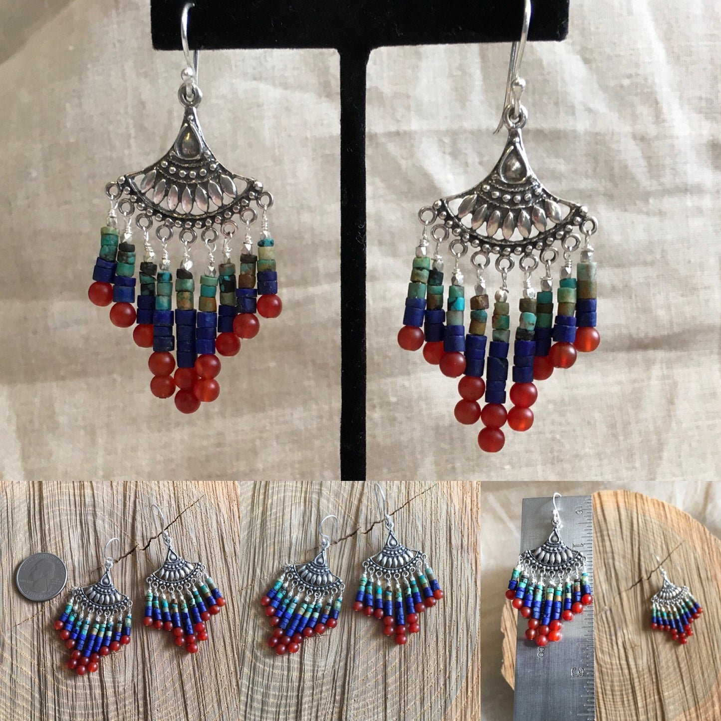 earrings "Cleo's Chandeliers" Sterling charm, Carnelian, Afghan Lapis, Turquoise, Chandelier earrings, Boho style, Belly Dancer earrings
