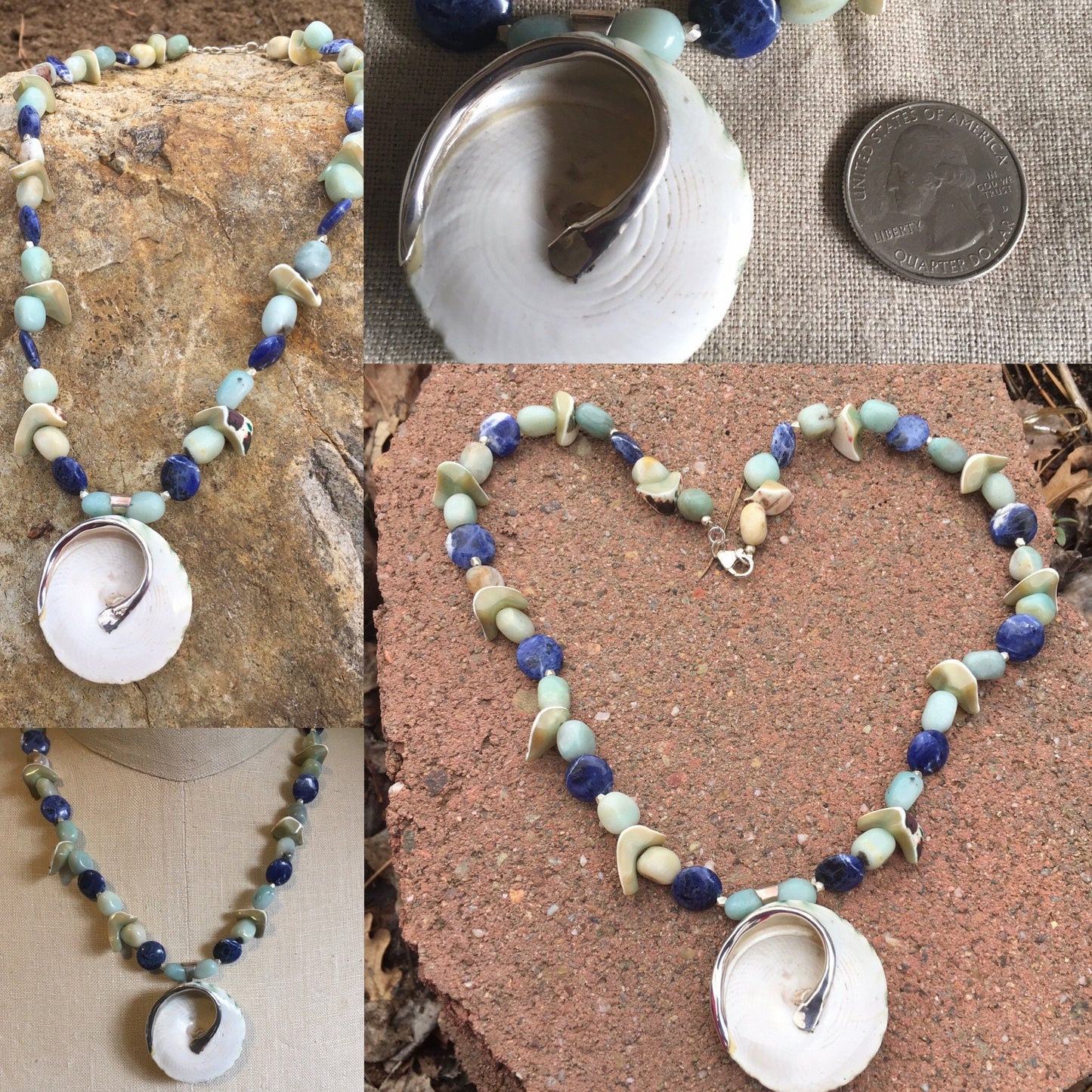 necklace "Mavericks" Shell & Sterling pendant, Amazonite, Sodalite, Shells, Mermaid necklace, Beach wear, Surfer jewelry, Reiki charged, Sea